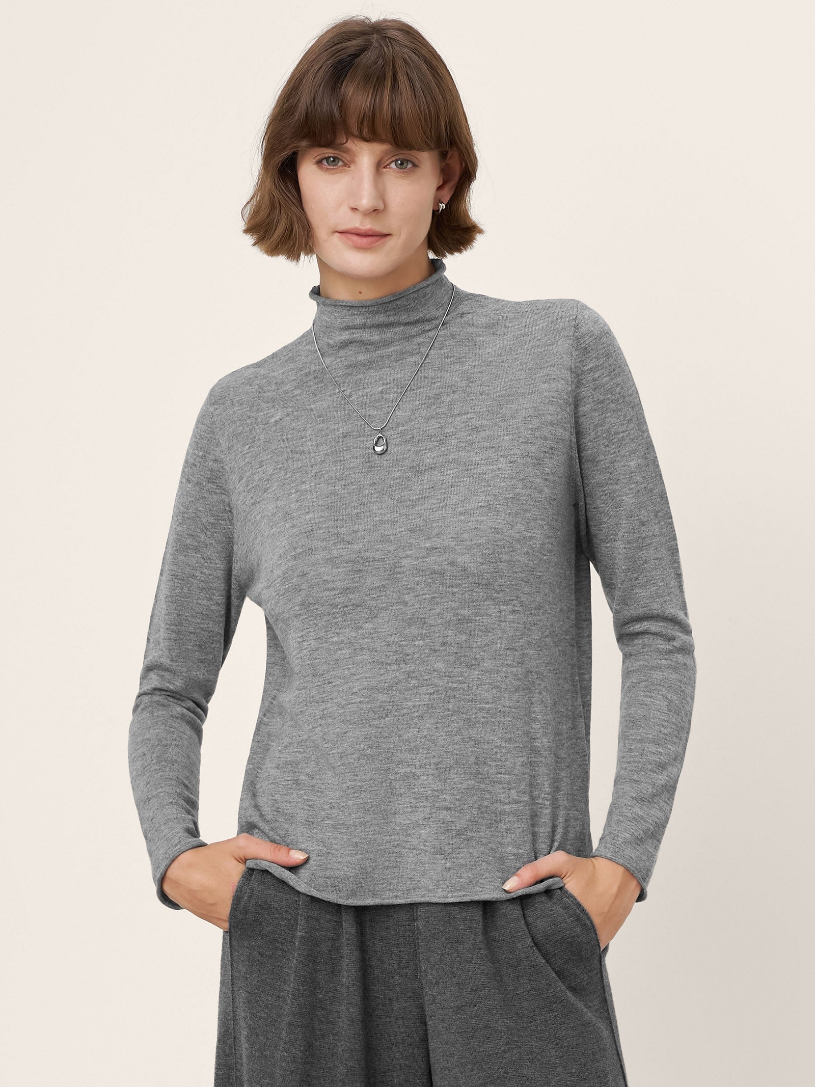 100% Extra-Fine Merino Wool Mock Neck Sweater with Rolled Edge ELA by LINTICO for women