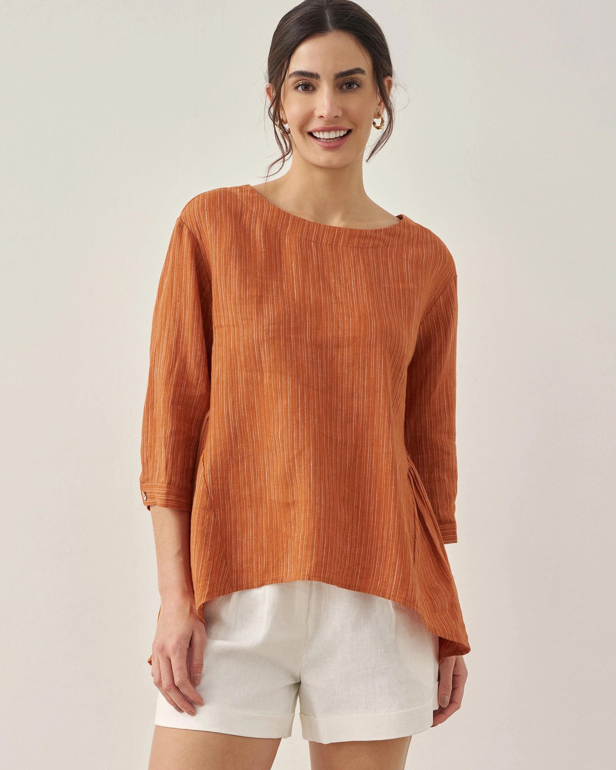 100% Linen Round Neck Artistic Stripe Top - TOPS-Linen Blouses
