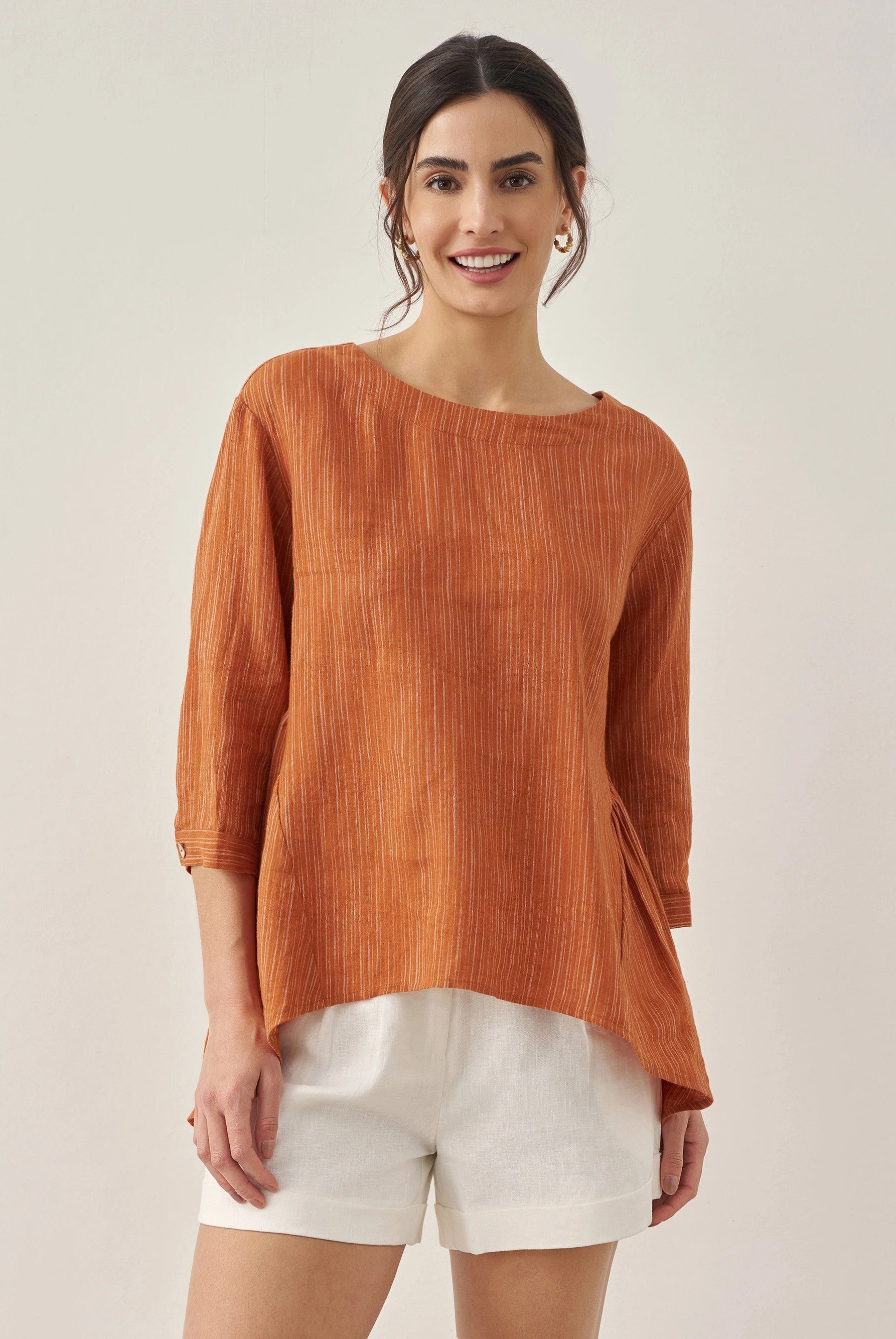 100% Linen Round Neck Artistic Stripe Top - TOPS-Linen Blouses