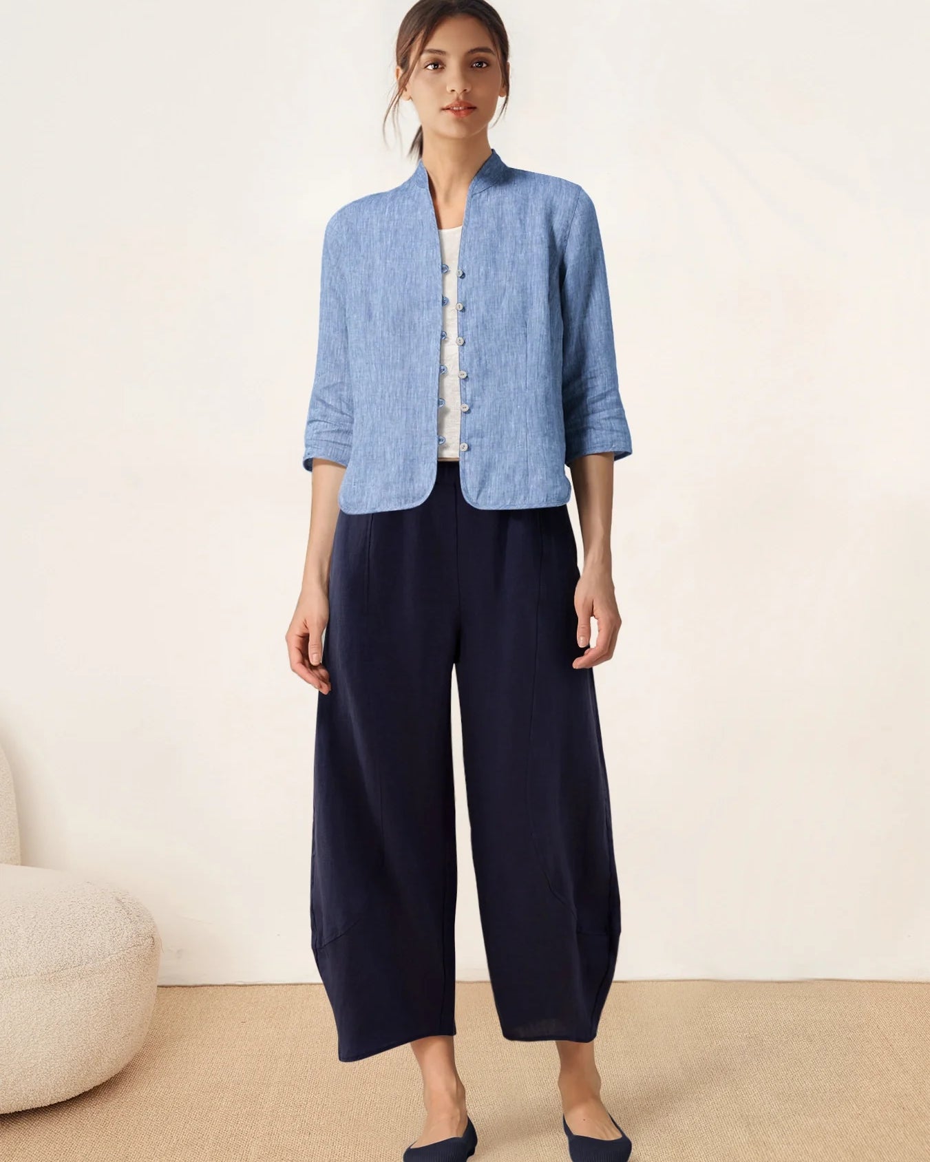 100% Linen Hand Button Fitted Jacket AMELIA - TOPS-Linen Jackets