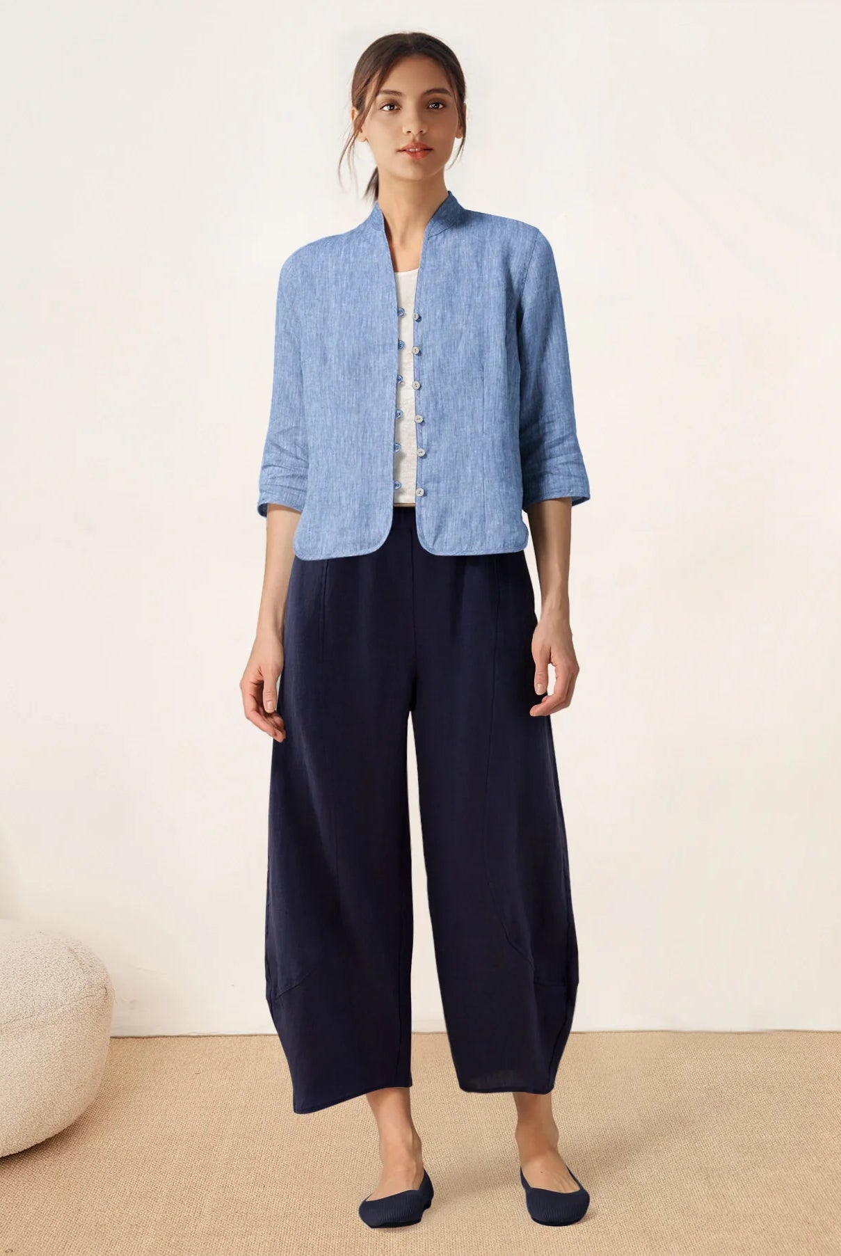 100% Linen Hand Button Fitted Jacket AMELIA - TOPS-Linen Jackets