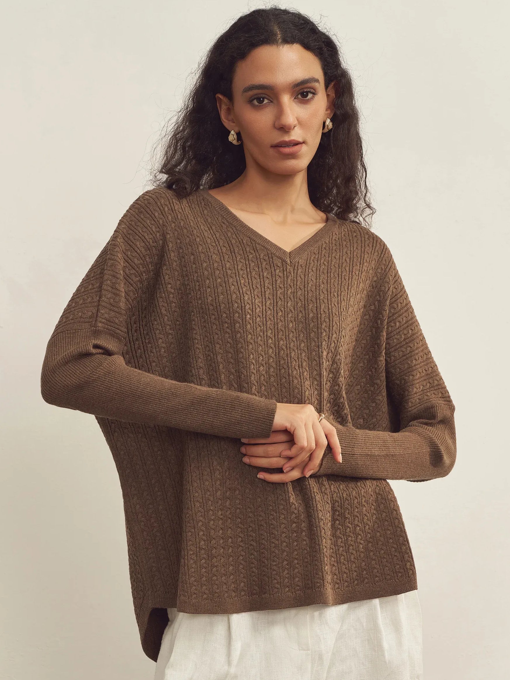Cashmere V-Neck Textured Oversized Sweater With Asymmetrical Structural Design