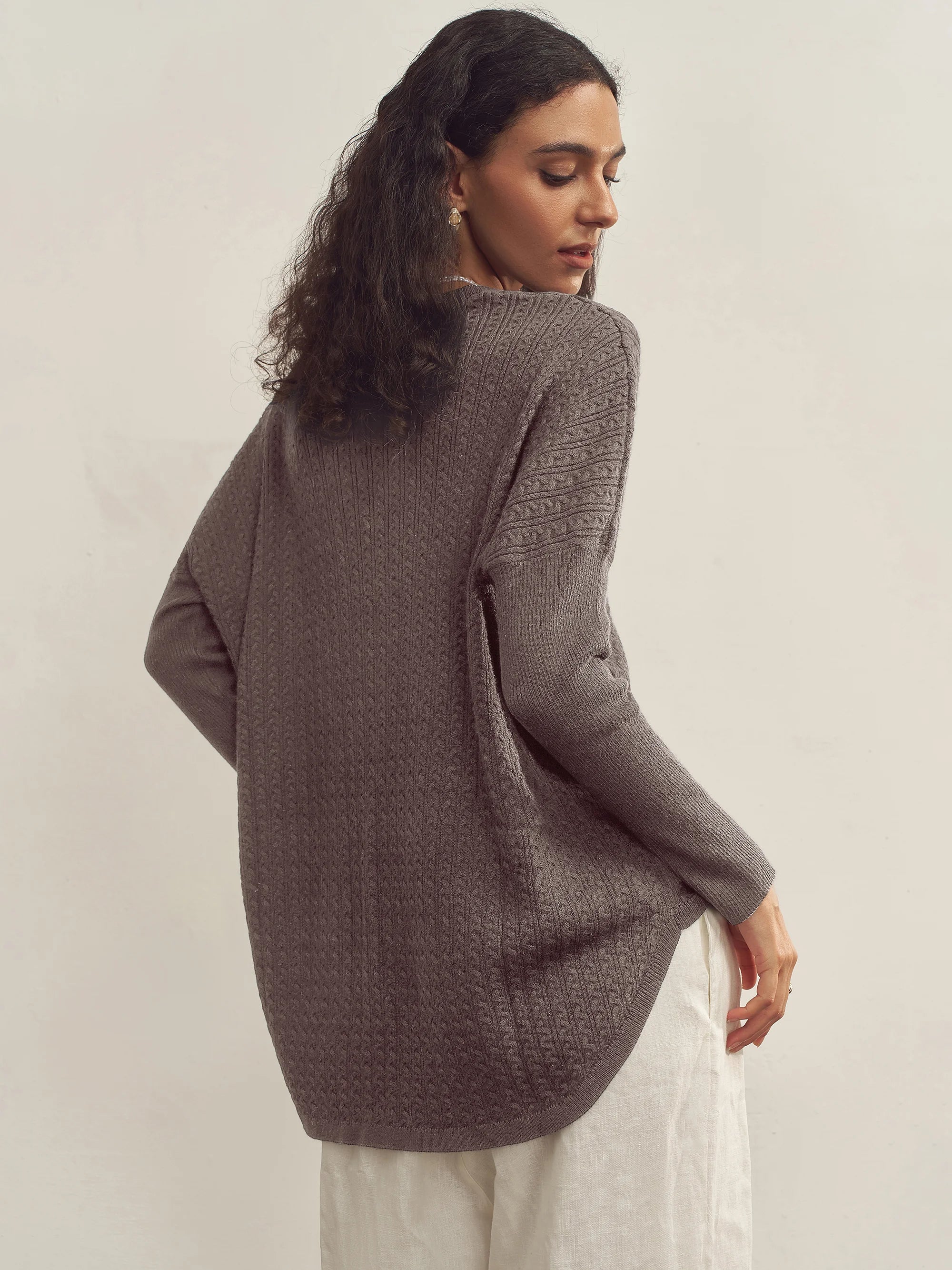 Cashmere V-Neck Textured Oversized Sweater With Asymmetrical Structural Design