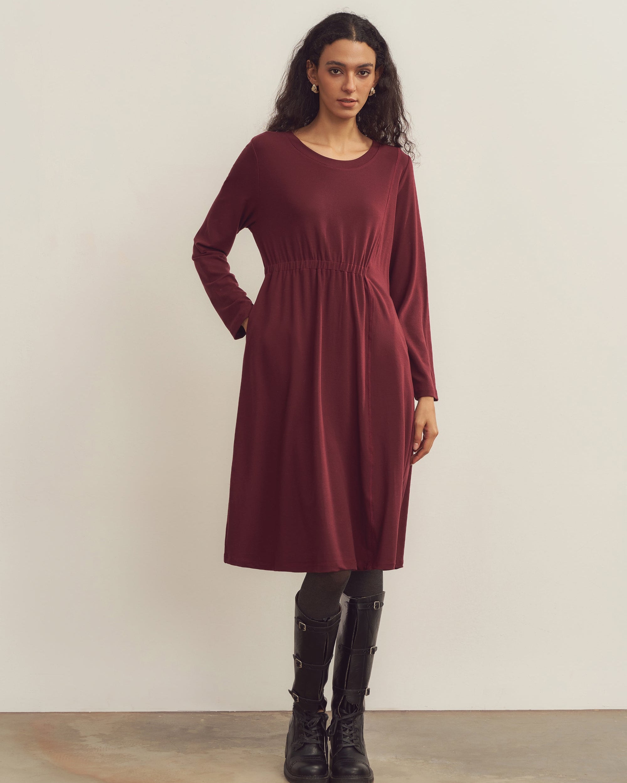 Merino Wool Waist Shirring-Detail Dress