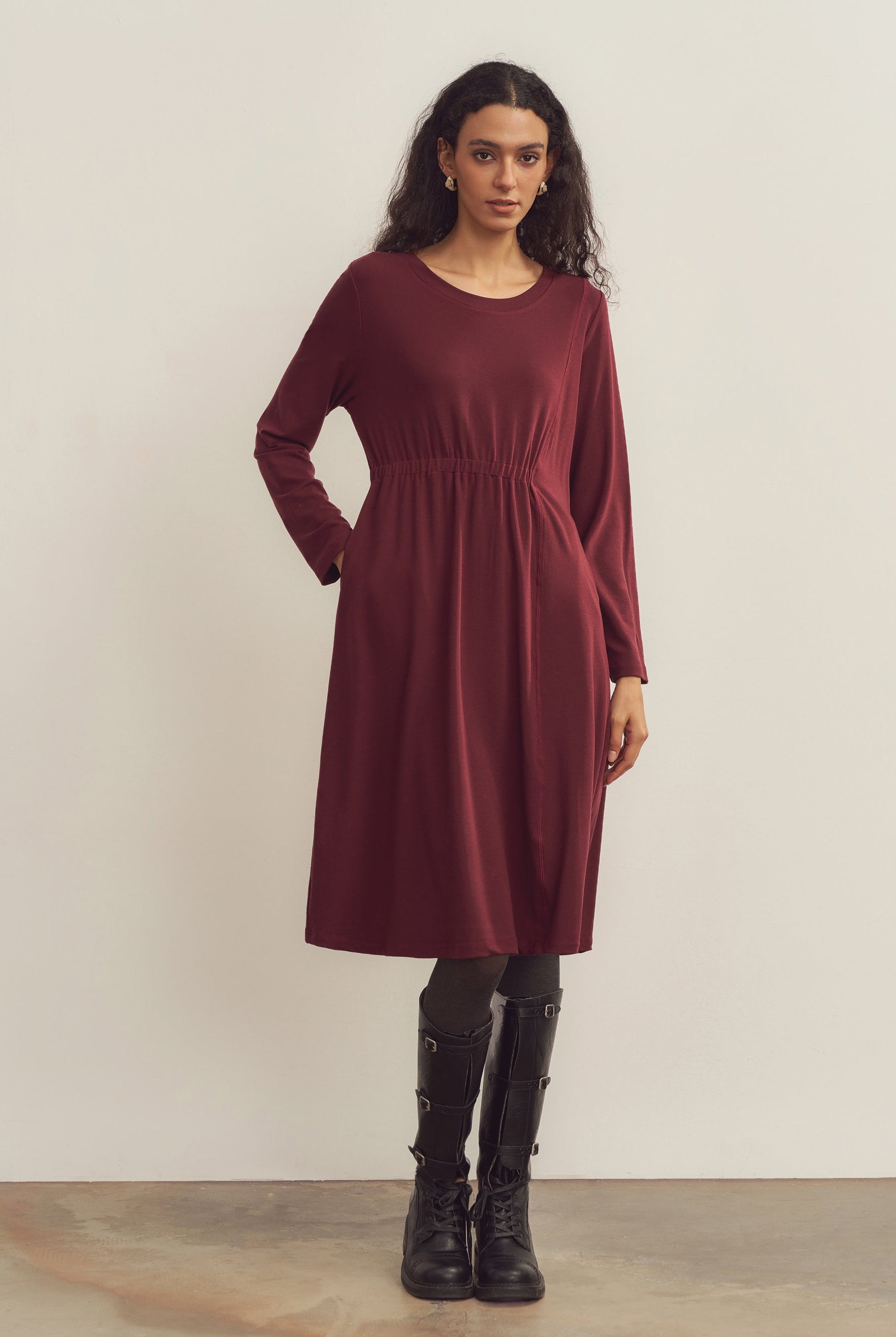 Merino Wool Waist Shirring-Detail Dress