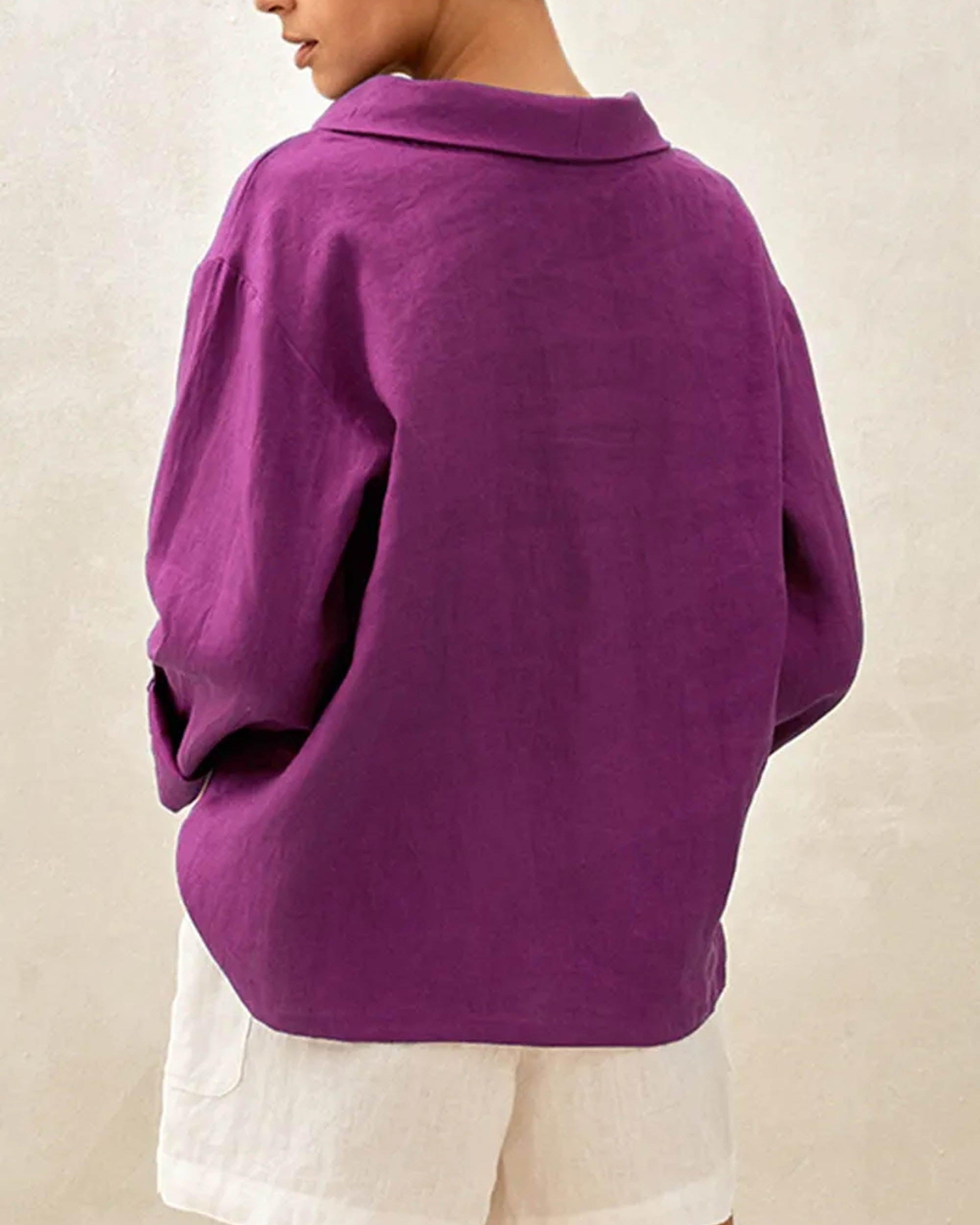 100% Linen Draped Neck Top HOLLIS - TOPS-Linen Blouses
