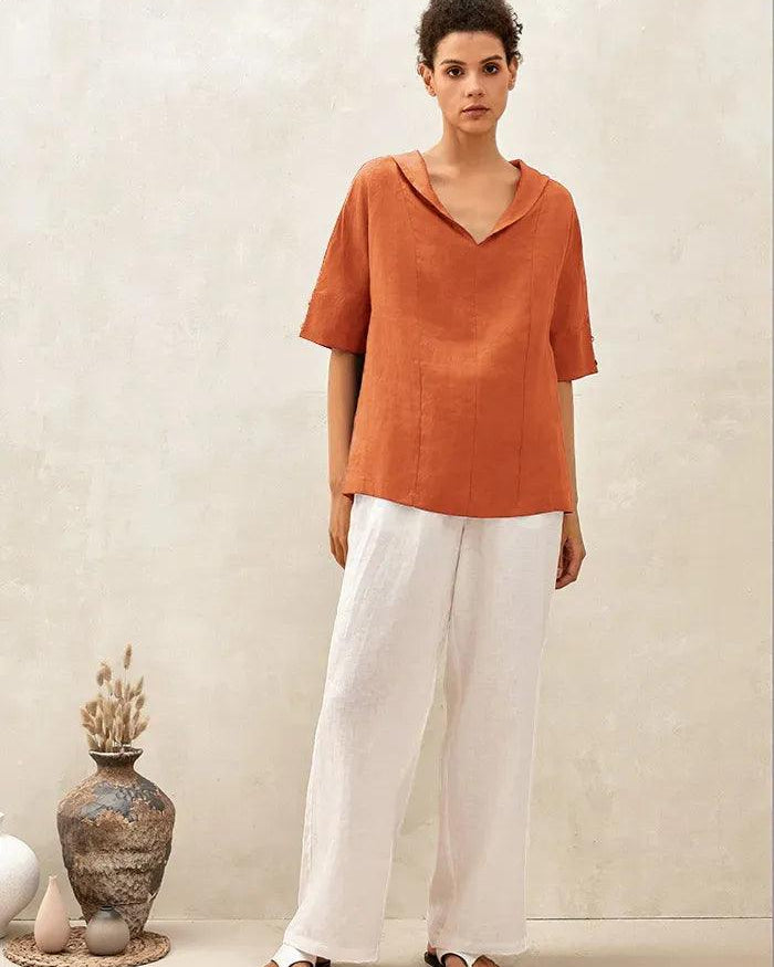 100% Linen V-Neck Short Sleeve Shirt SIERRA - TOPS-Linen Blouses