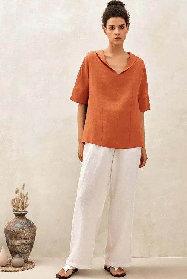 100% Linen V-Neck Short Sleeve Shirt SIERRA - TOPS-Linen Blouses