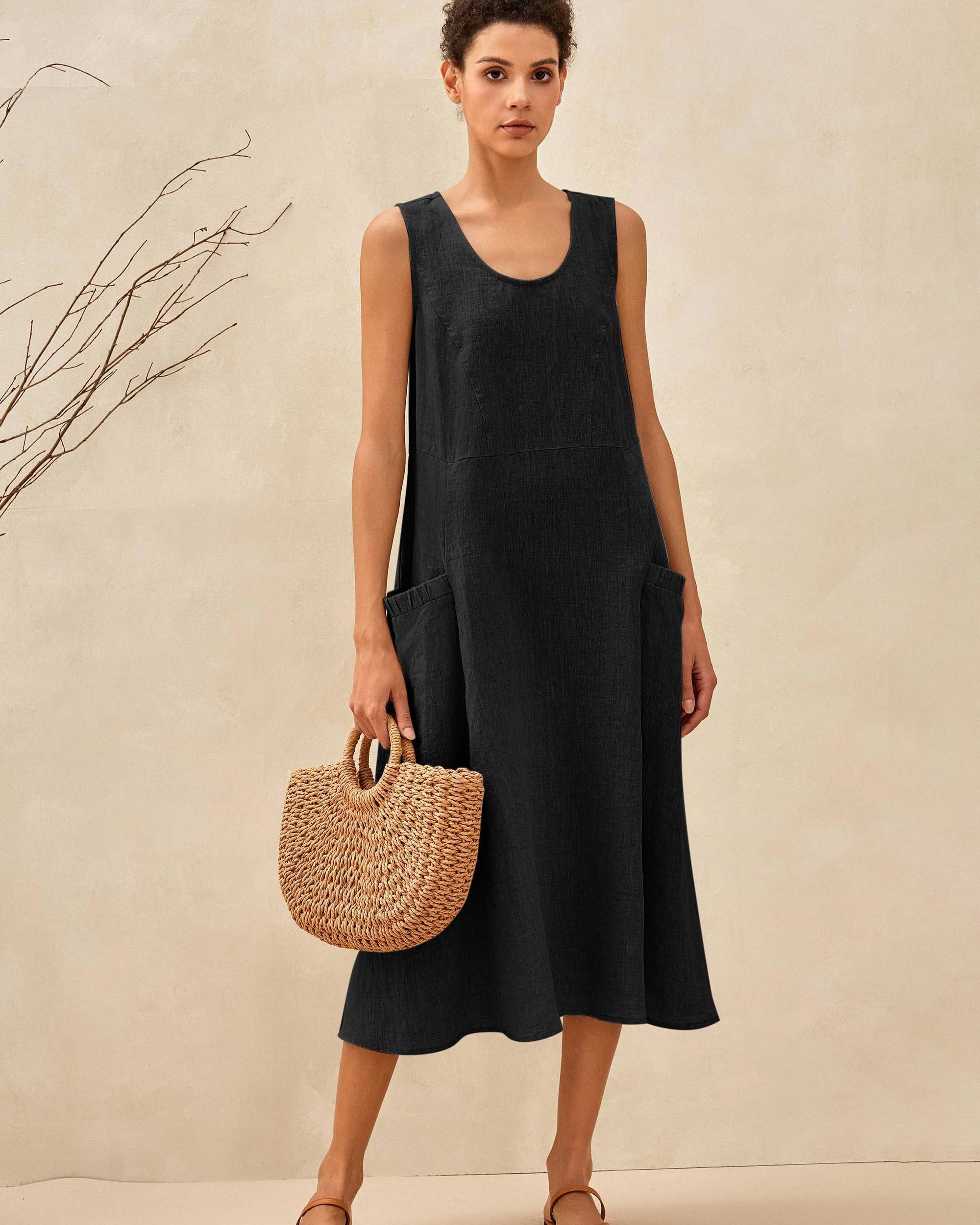 100% Linen Swing Beach Tank Dress GIANA - DRESSES-Linen Midi