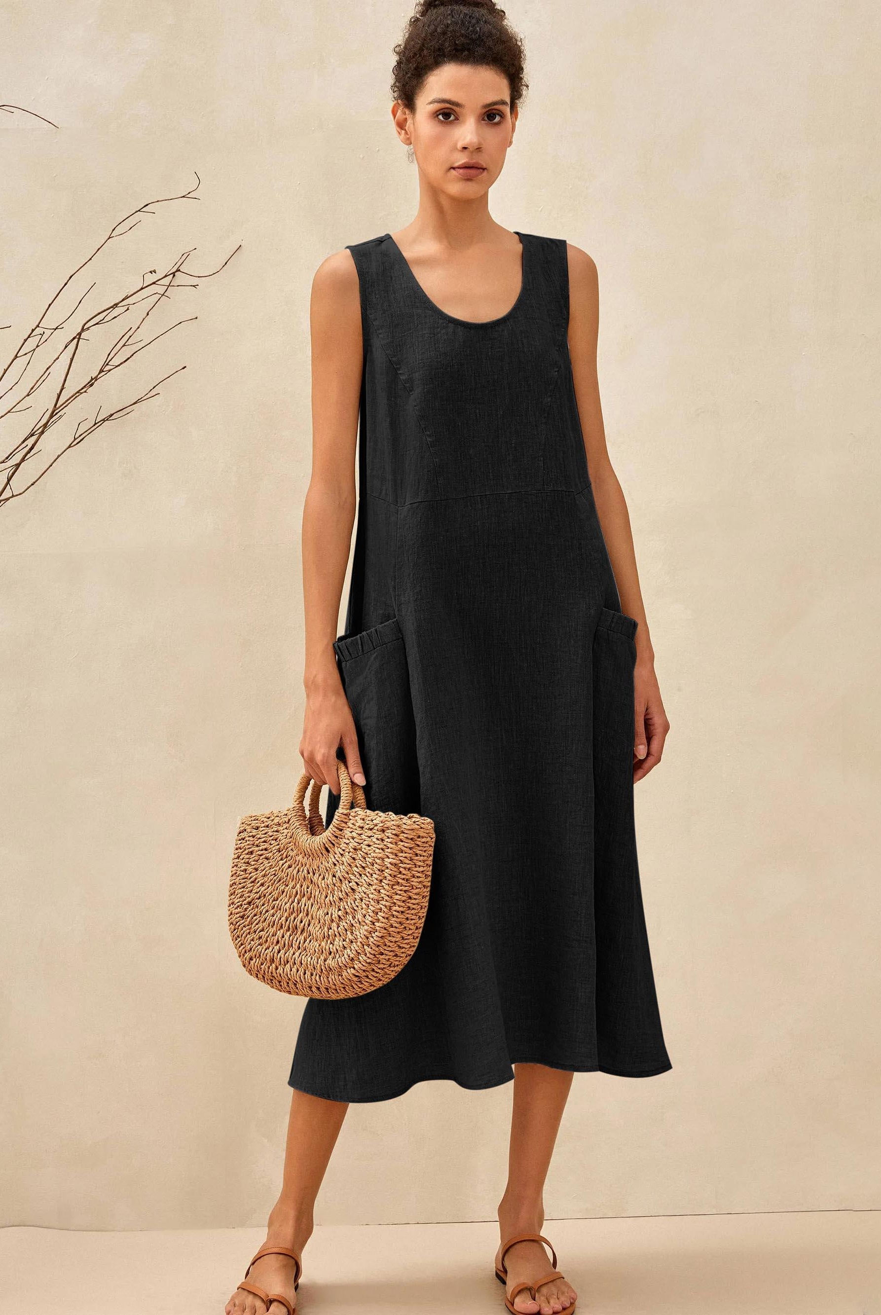 100% Linen Swing Beach Tank Dress GIANA - DRESSES-Linen Midi