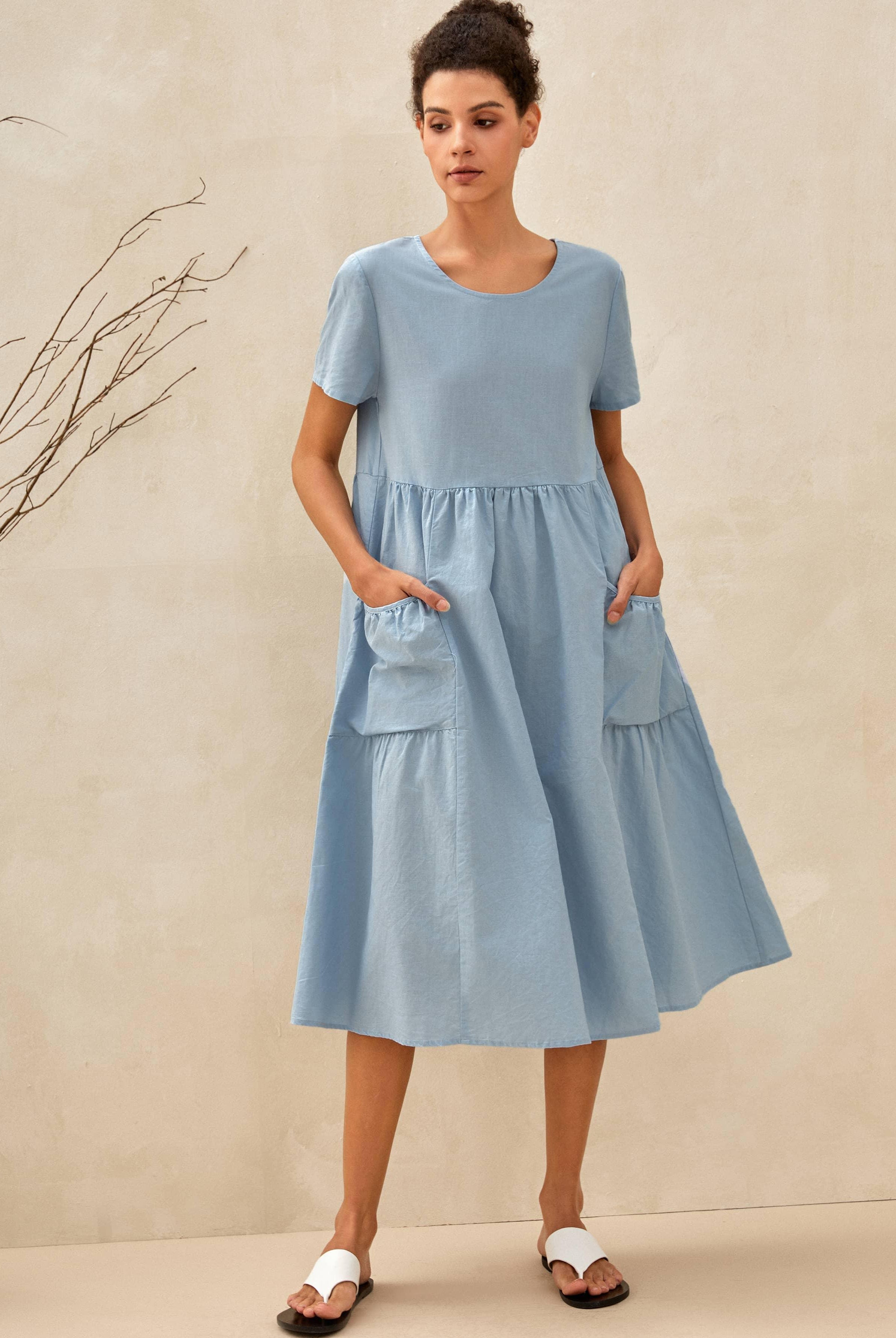 Linen Patch Pocket Loose Hem Resort Dress FRANKIE - Light Blue / S - DRESSES-Linen Midi