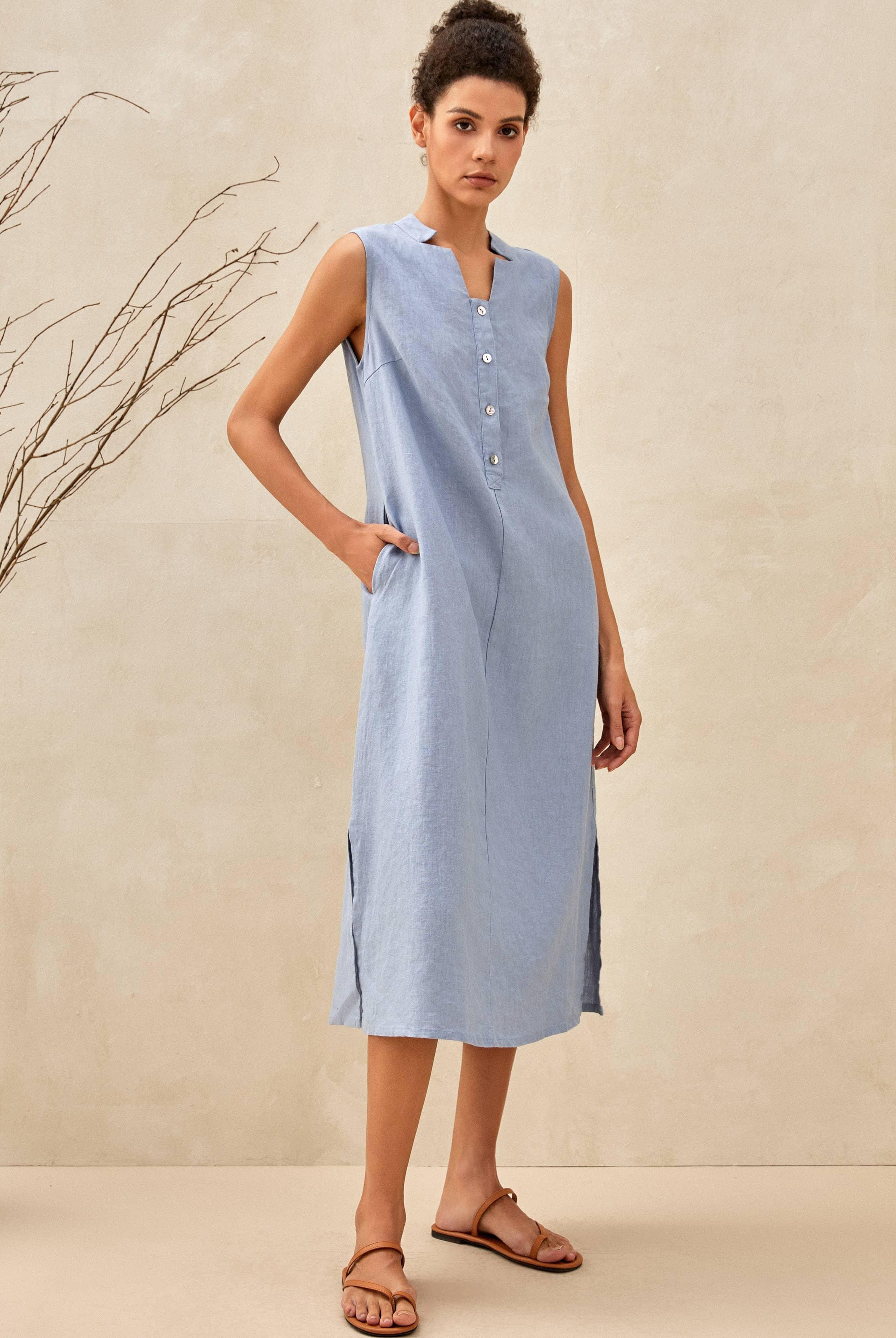 100% Linen Sleeveless Straight High Slit Maxi Dress TAYLOR - DRESSES-Linen Midi