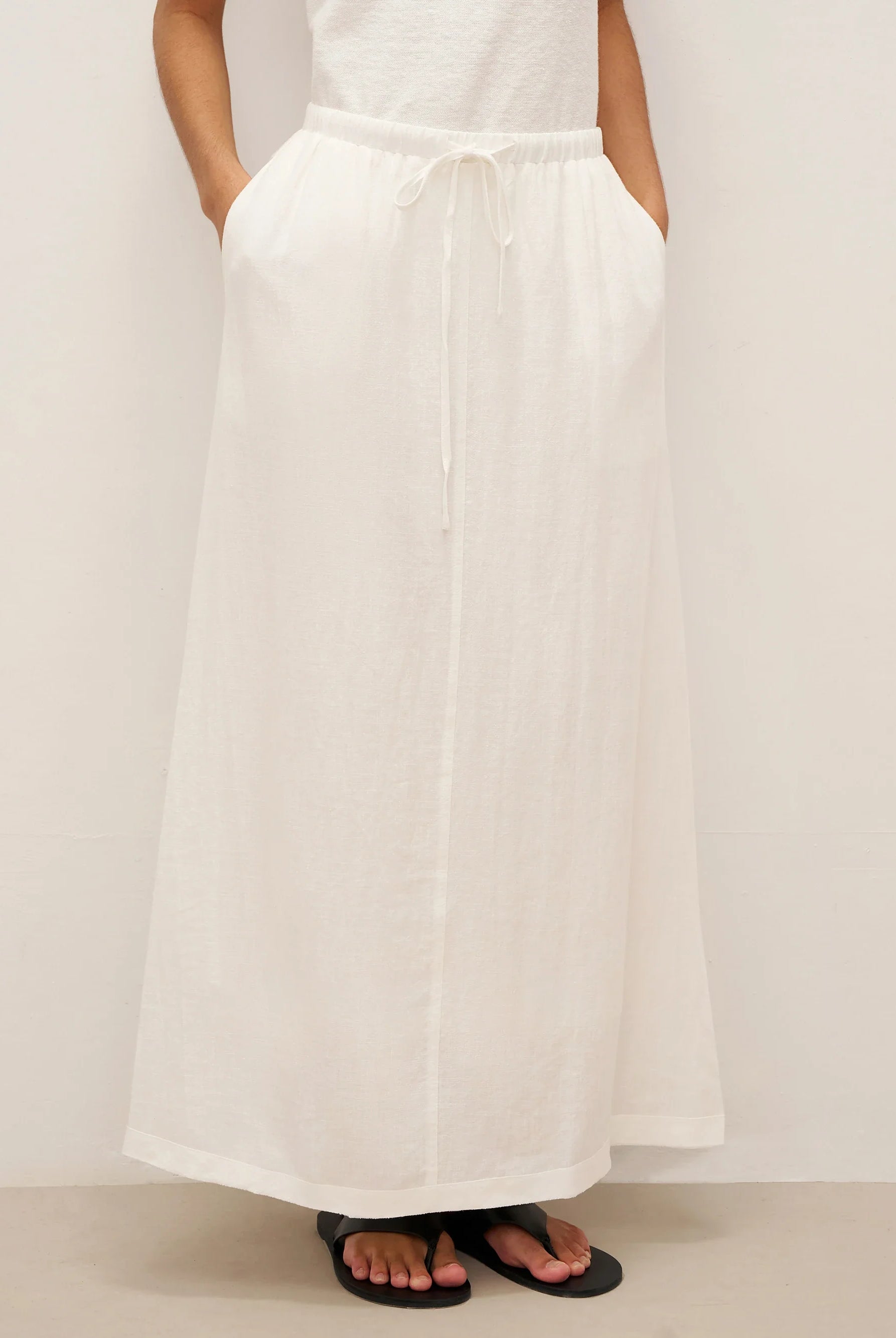 100% Linen Elastic Waist Drawstring Maxi Skirt Nina