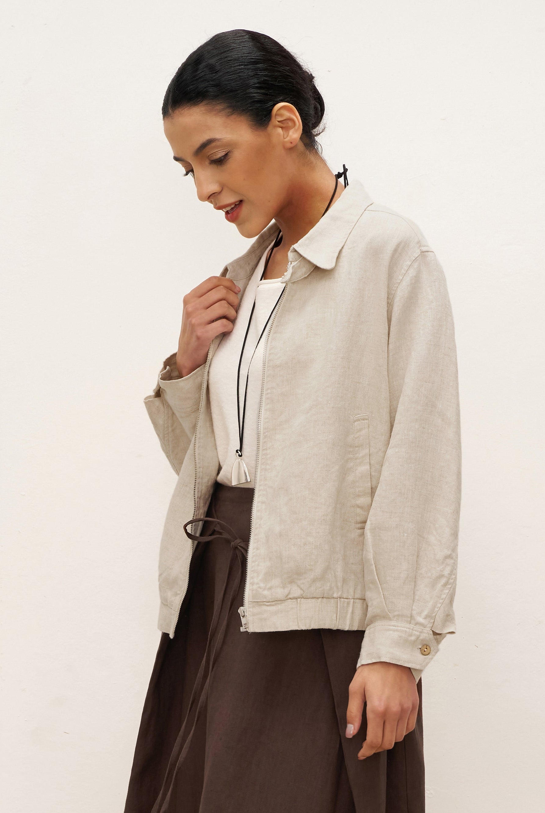 100% Linen Zipper Aviator Jacket ELIZA - TOPS-Linen Jackets