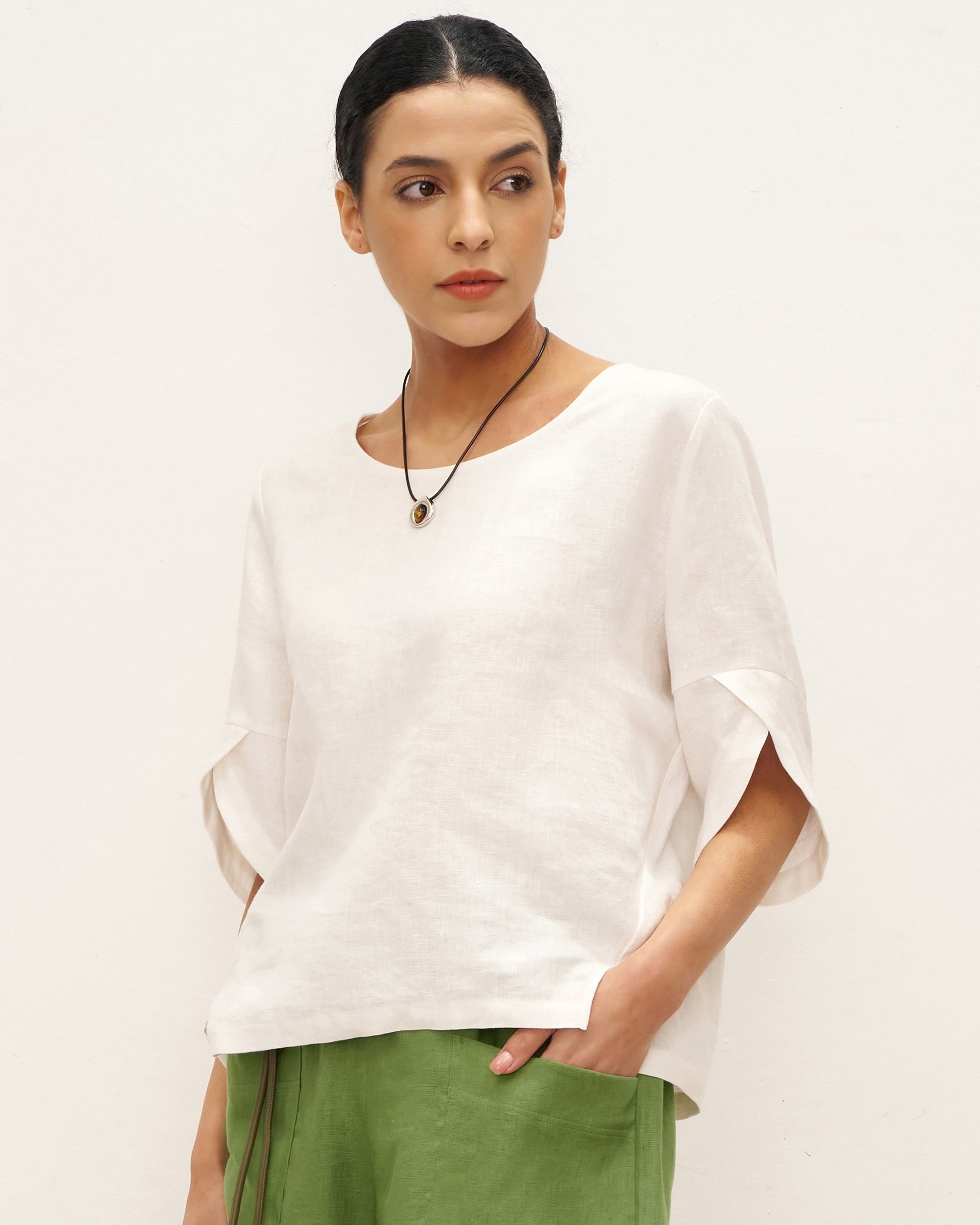 100% Linen Round Neck Petal-Sleeve Pullover LAUREL - TOPS-Linen Blouses