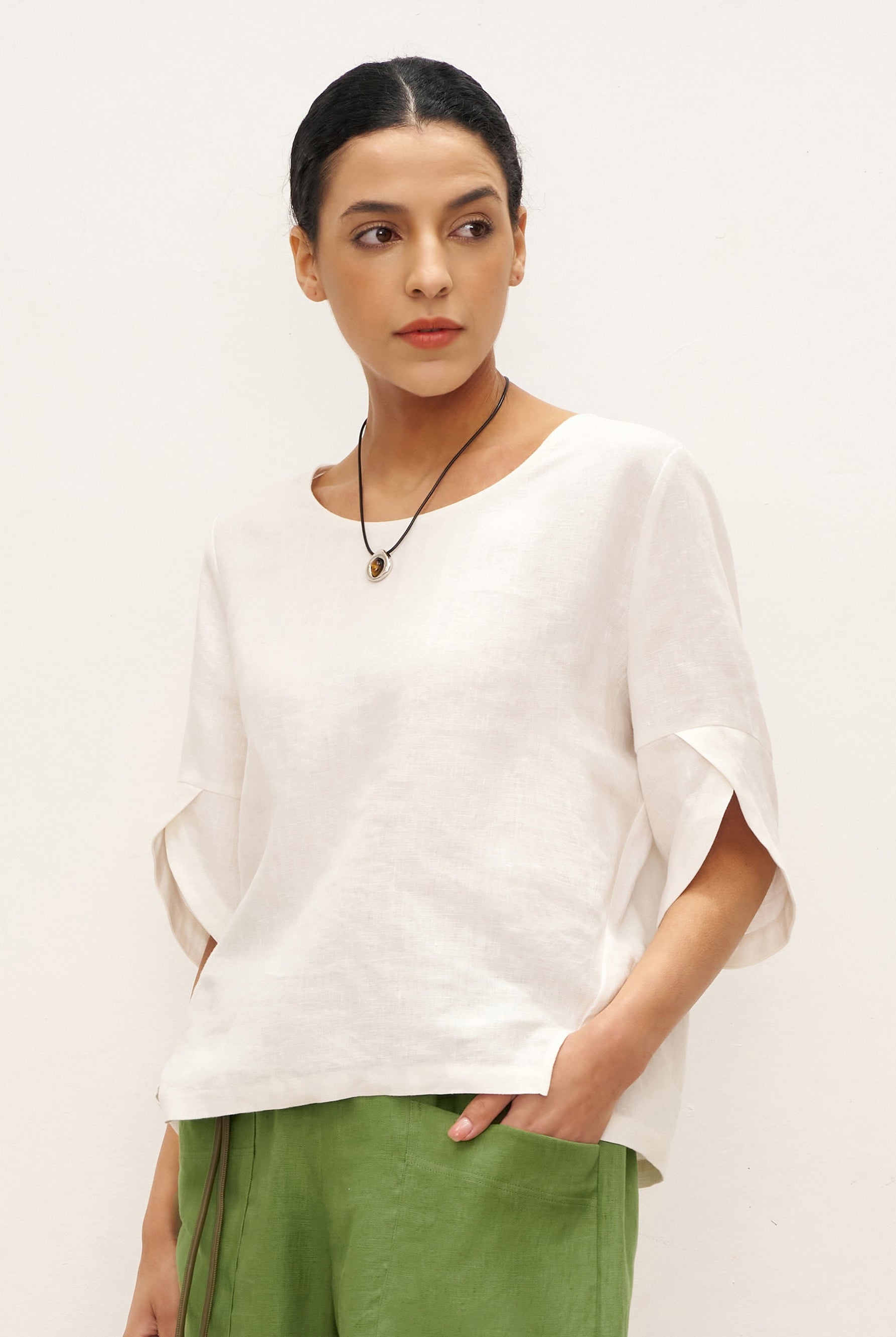 100% Linen Round Neck Petal-Sleeve Pullover LAUREL - TOPS-Linen Blouses