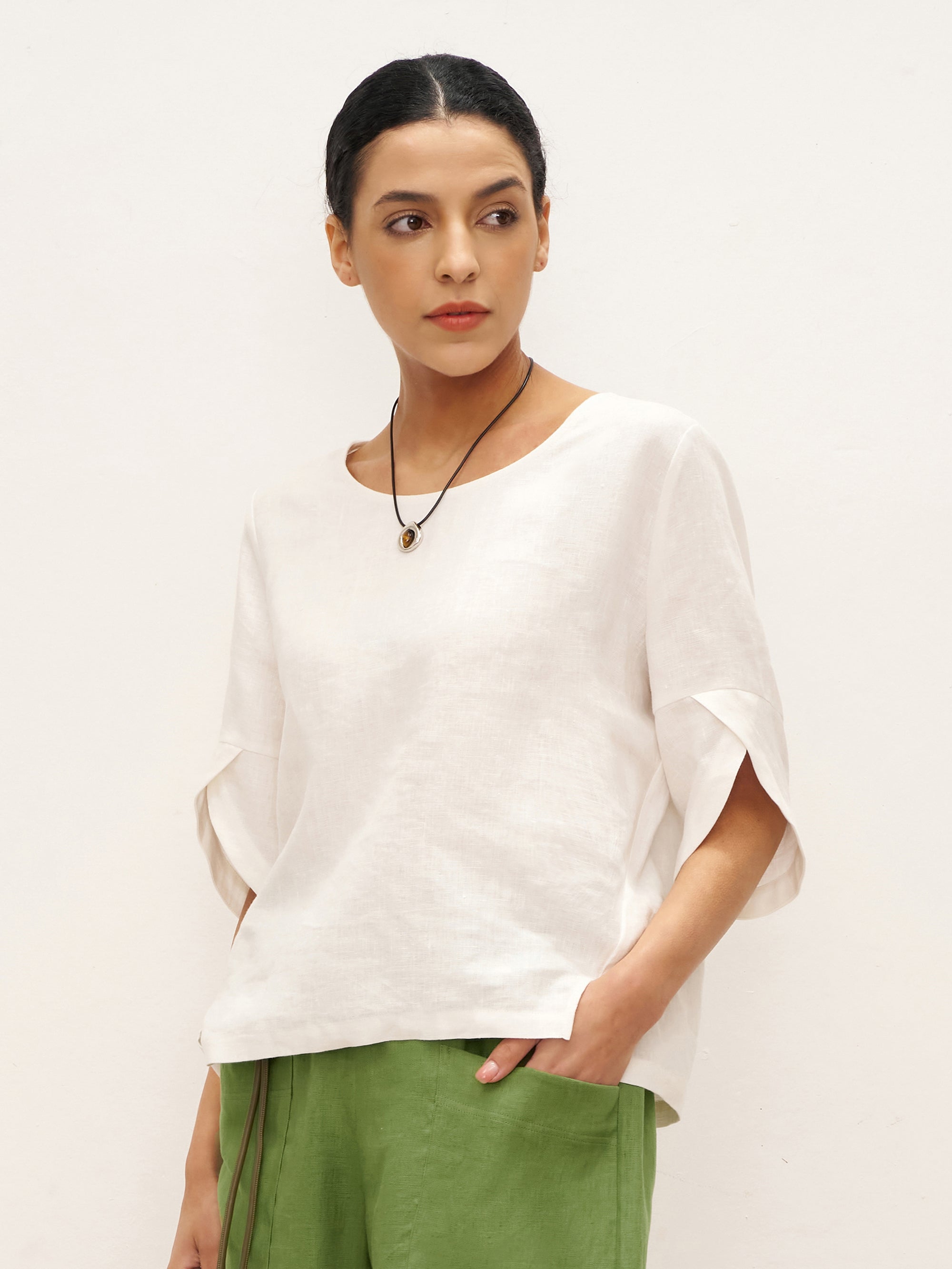 100% Linen Round Neck Petal-Sleeve Pullover LAUREL - TOPS-Linen Blouses