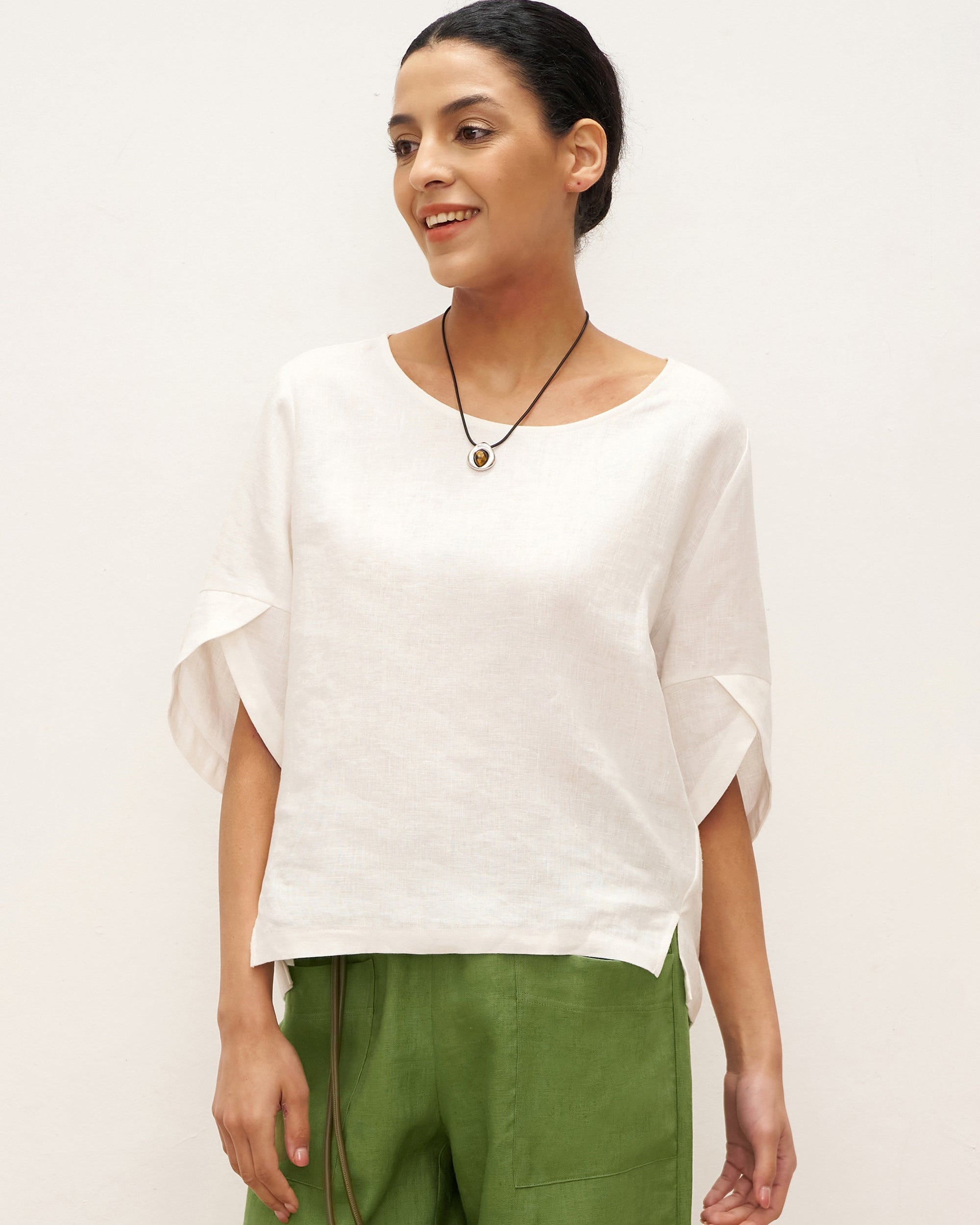 100% Linen Round Neck Petal-Sleeve Pullover LAUREL - Optic White / S - TOPS-Linen Blouses