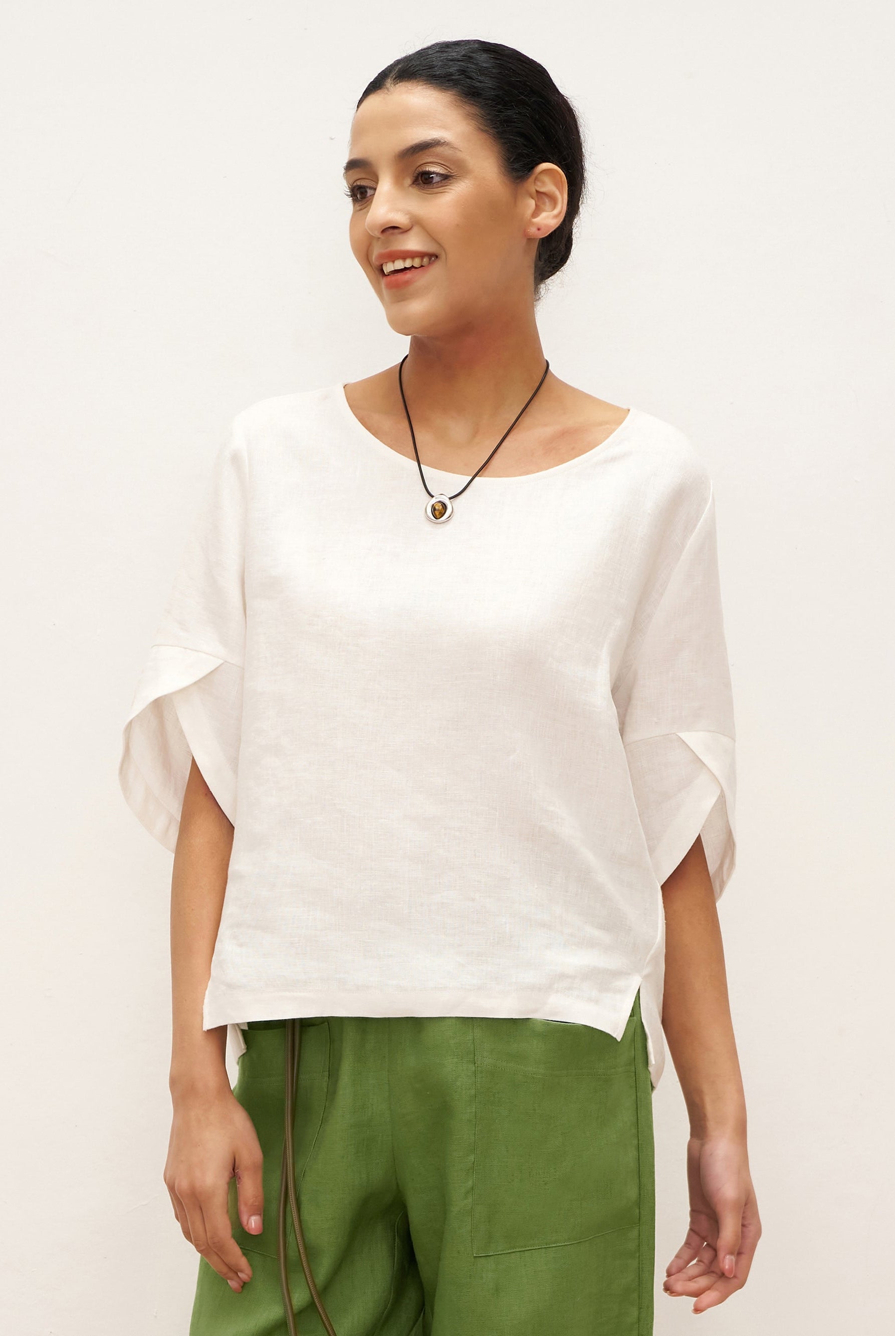 100% Linen Round Neck Petal-Sleeve Pullover LAUREL - Optic White / S - TOPS-Linen Blouses