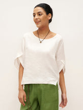 100% Linen Round Neck Petal-Sleeve Pullover LAUREL - Optic White / S - TOPS-Linen Blouses