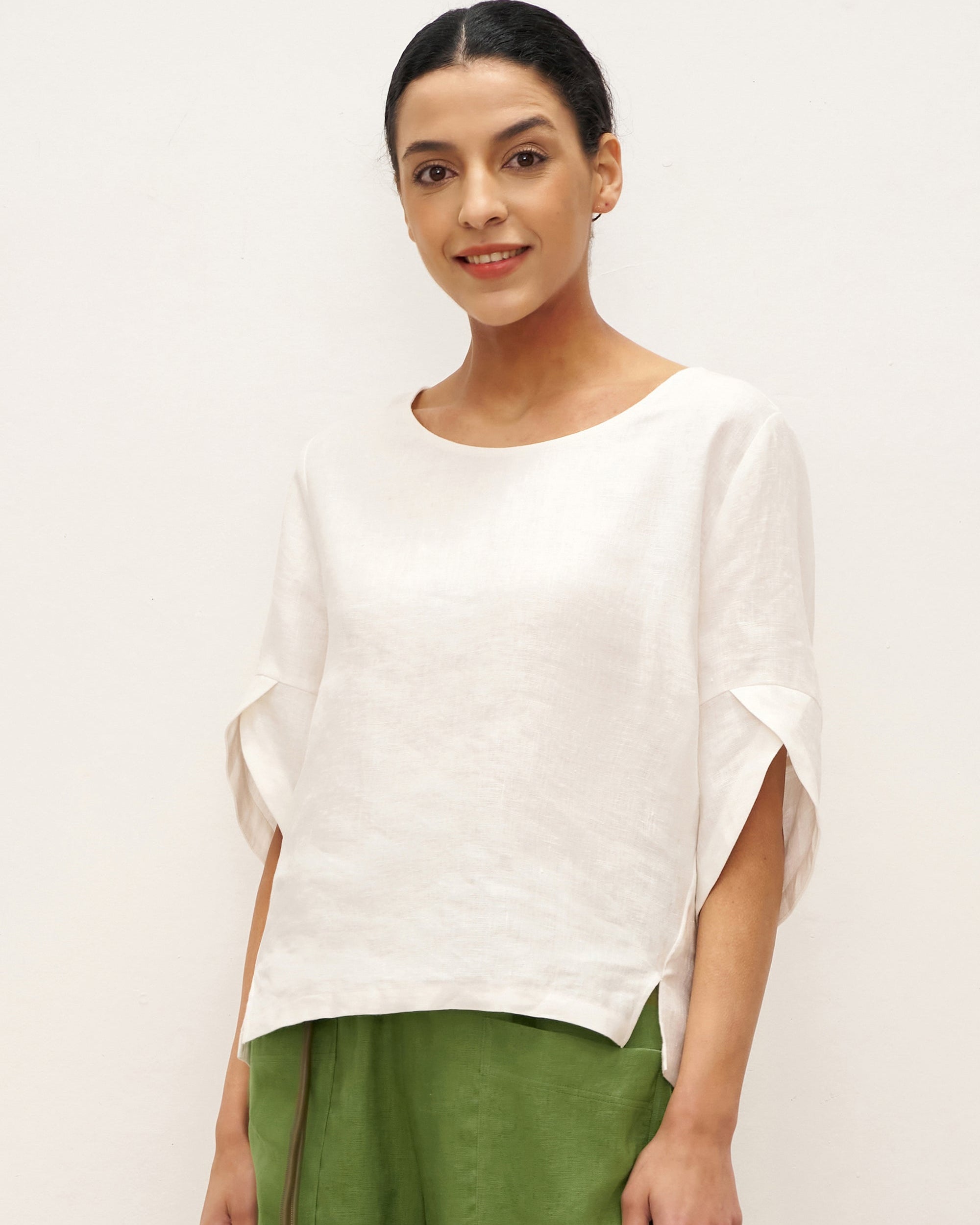 100% Linen Round Neck Petal-Sleeve Pullover LAUREL - TOPS-Linen Blouses