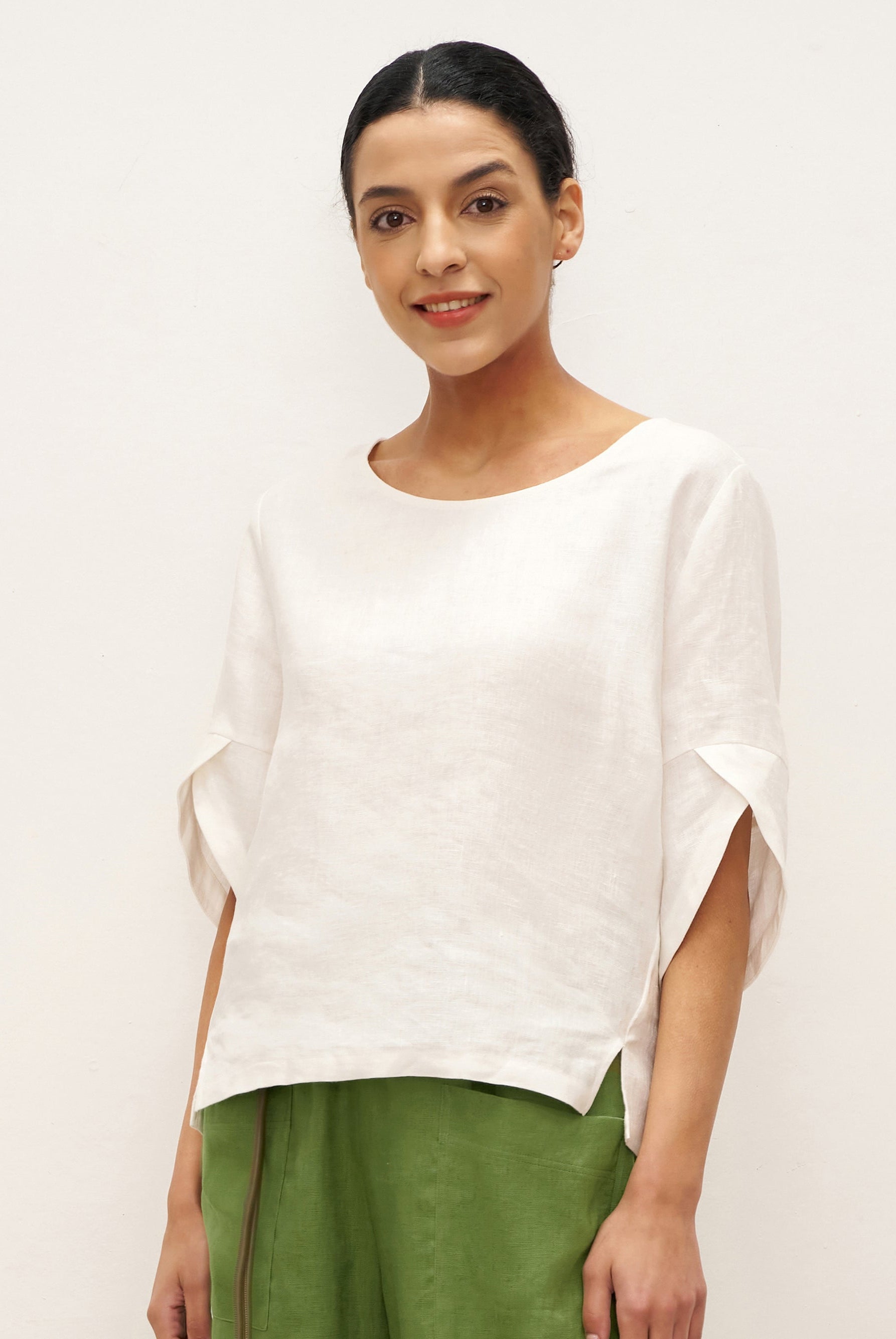 100% Linen Round Neck Petal-Sleeve Pullover LAUREL - TOPS-Linen Blouses