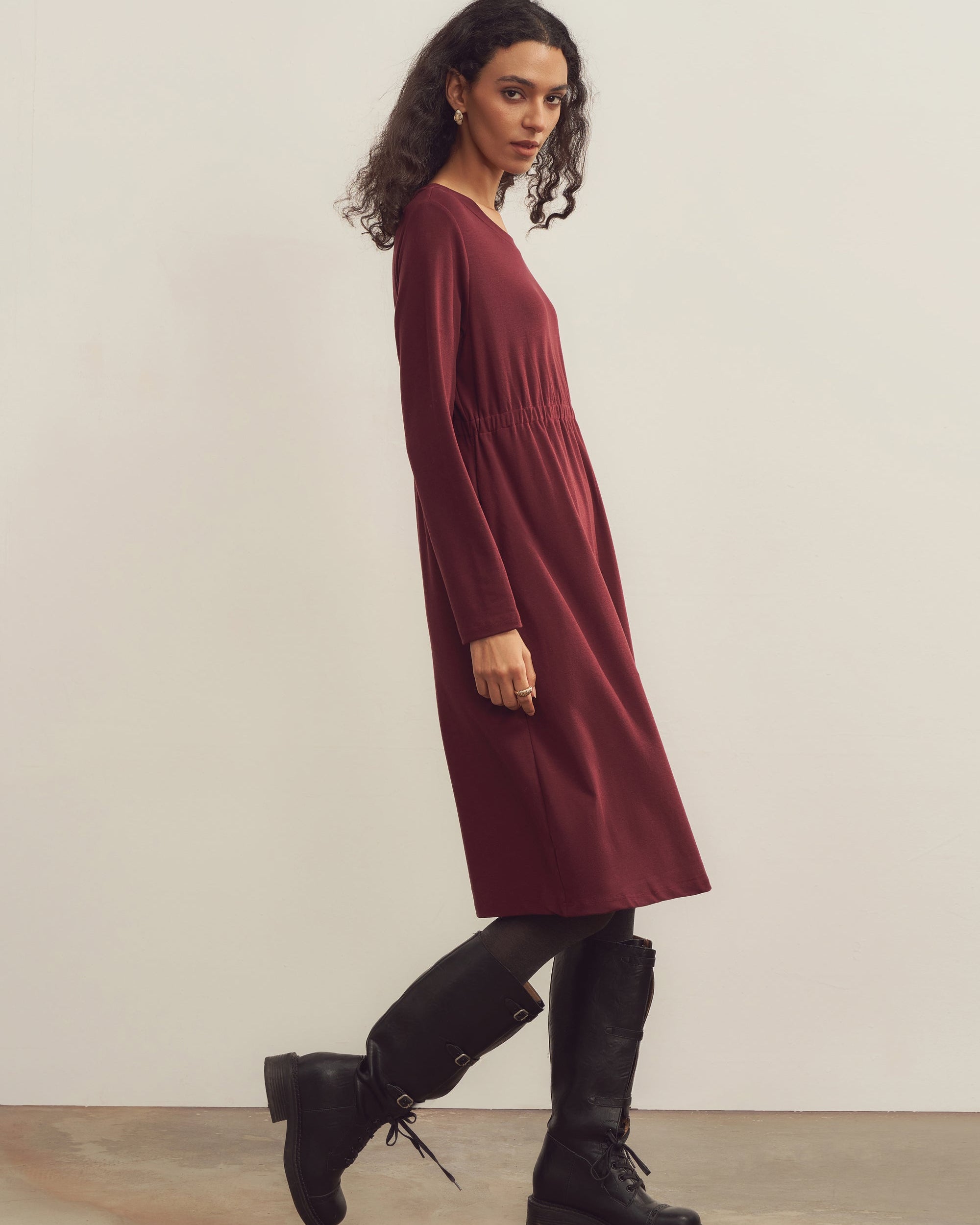 Merino Wool Waist Shirring-Detail Dress
