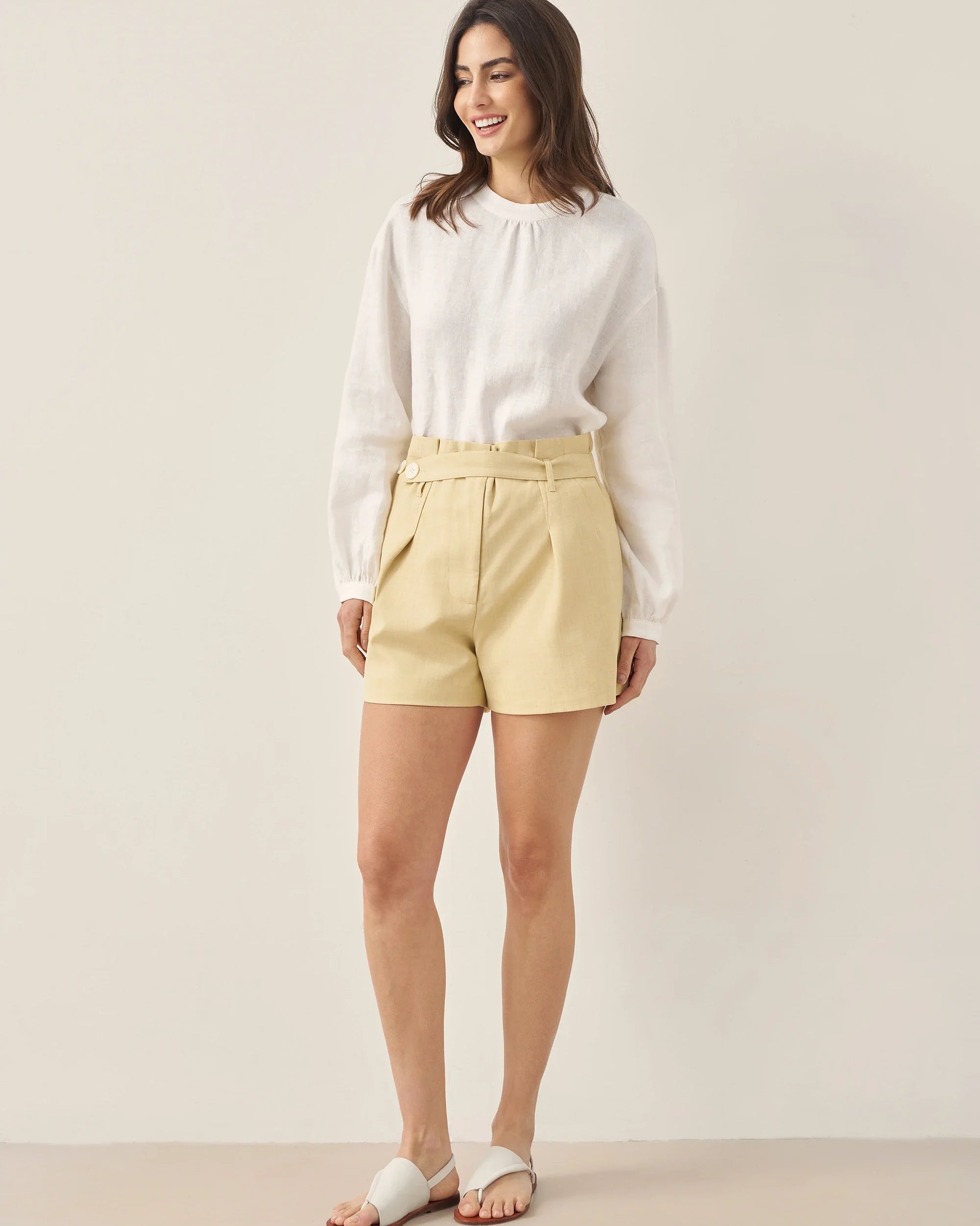 100% Linen Mock Neck Long-Sleeve Top - TOPS-Linen Blouses
