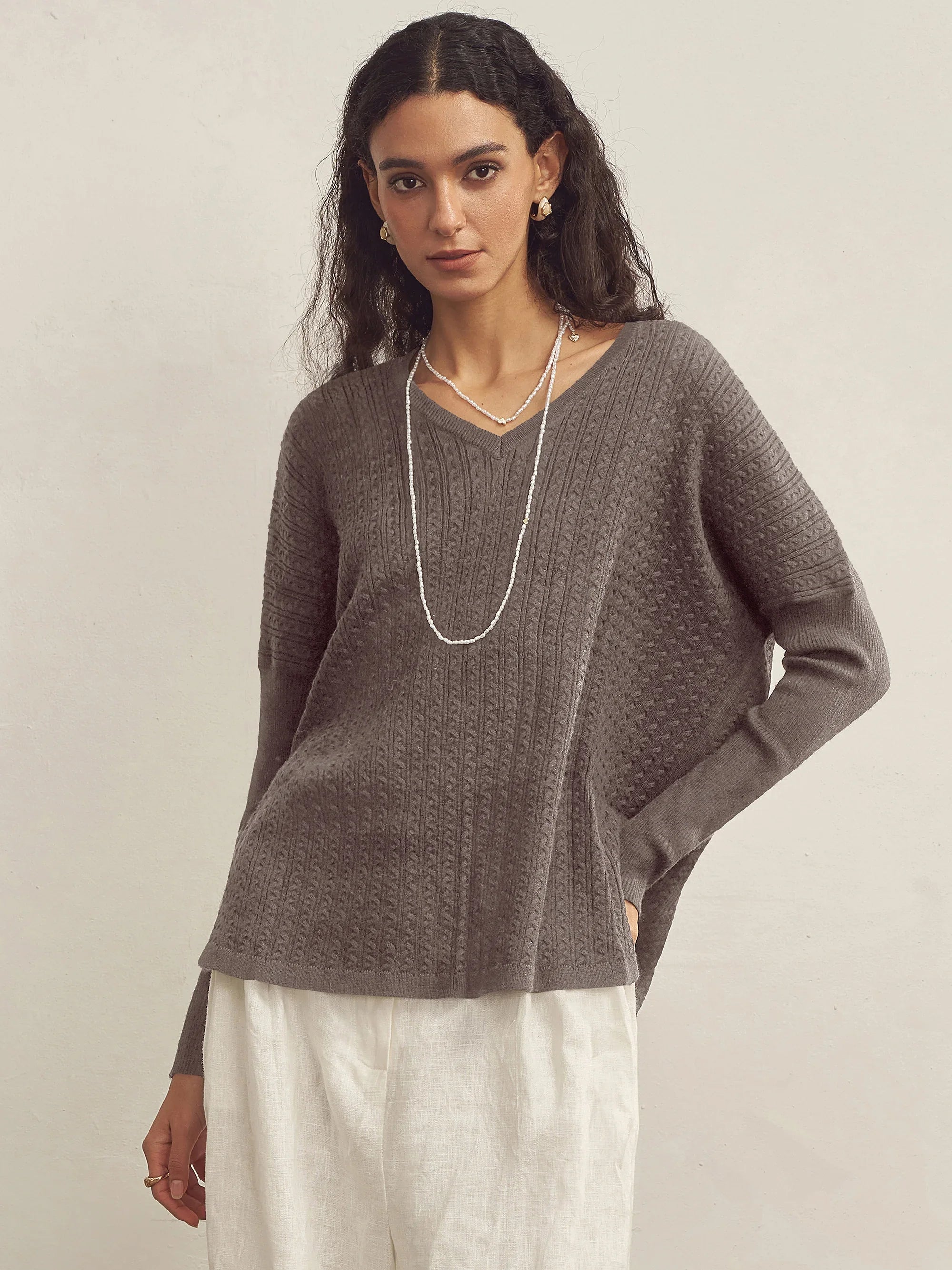 Cashmere V-Neck Textured Oversized Sweater With Asymmetrical Structural Design