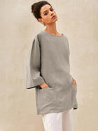 100% Linen Loose Long Shirt LILY - Khaki Gray / S - TOPS-Linen Tunics