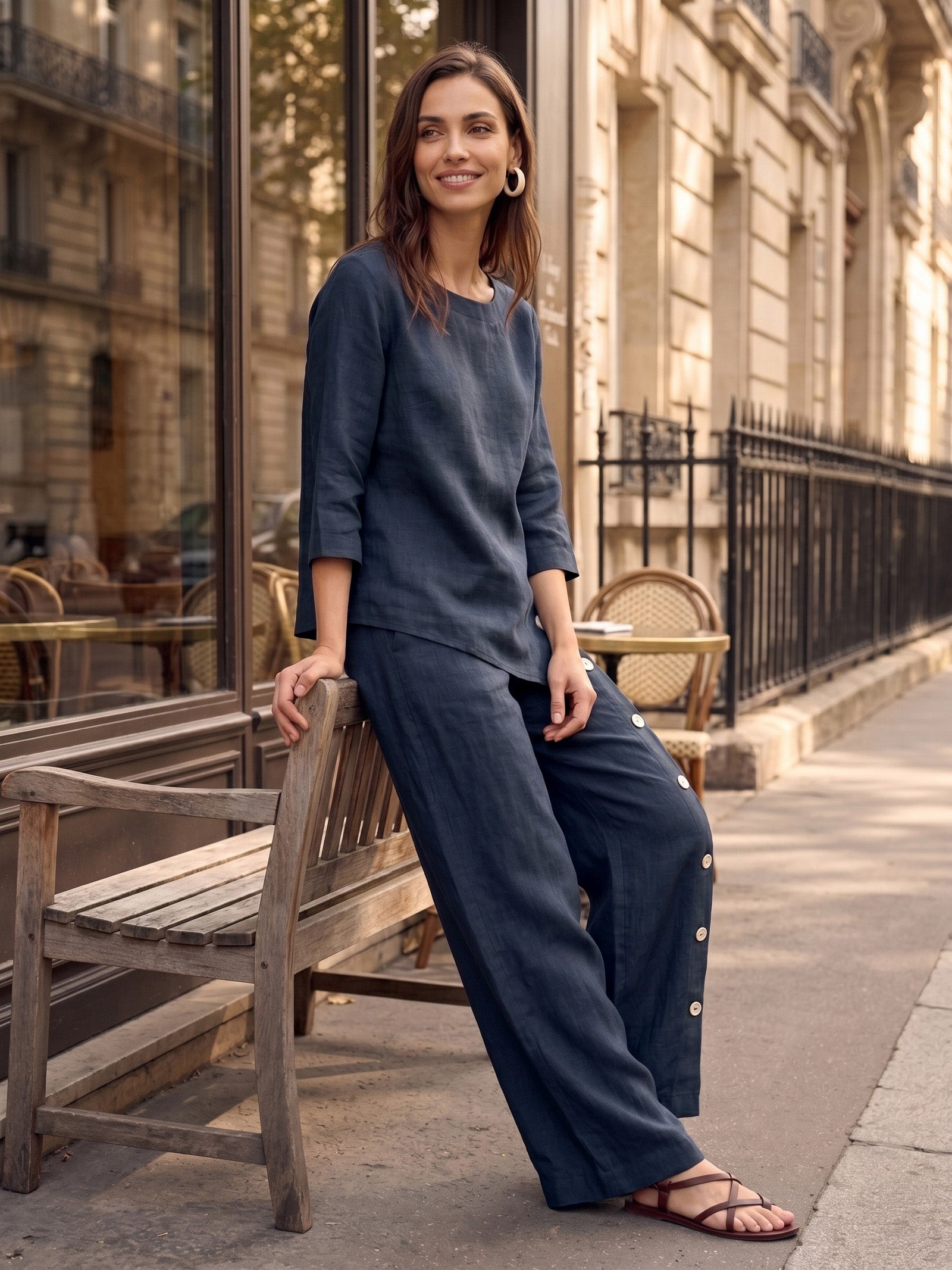 100% Linen Asymmetric-Hem Button-Trim Top NYLA by LINTICO for women