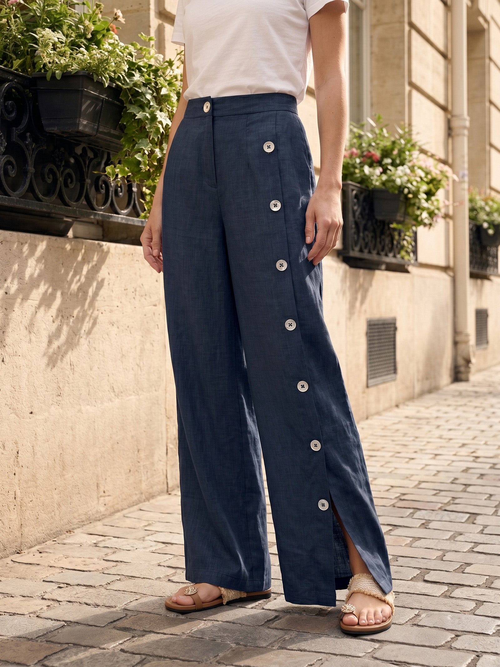 100% Linen Buttoned Slit-Hem Pants KATYA by LINTICO for women