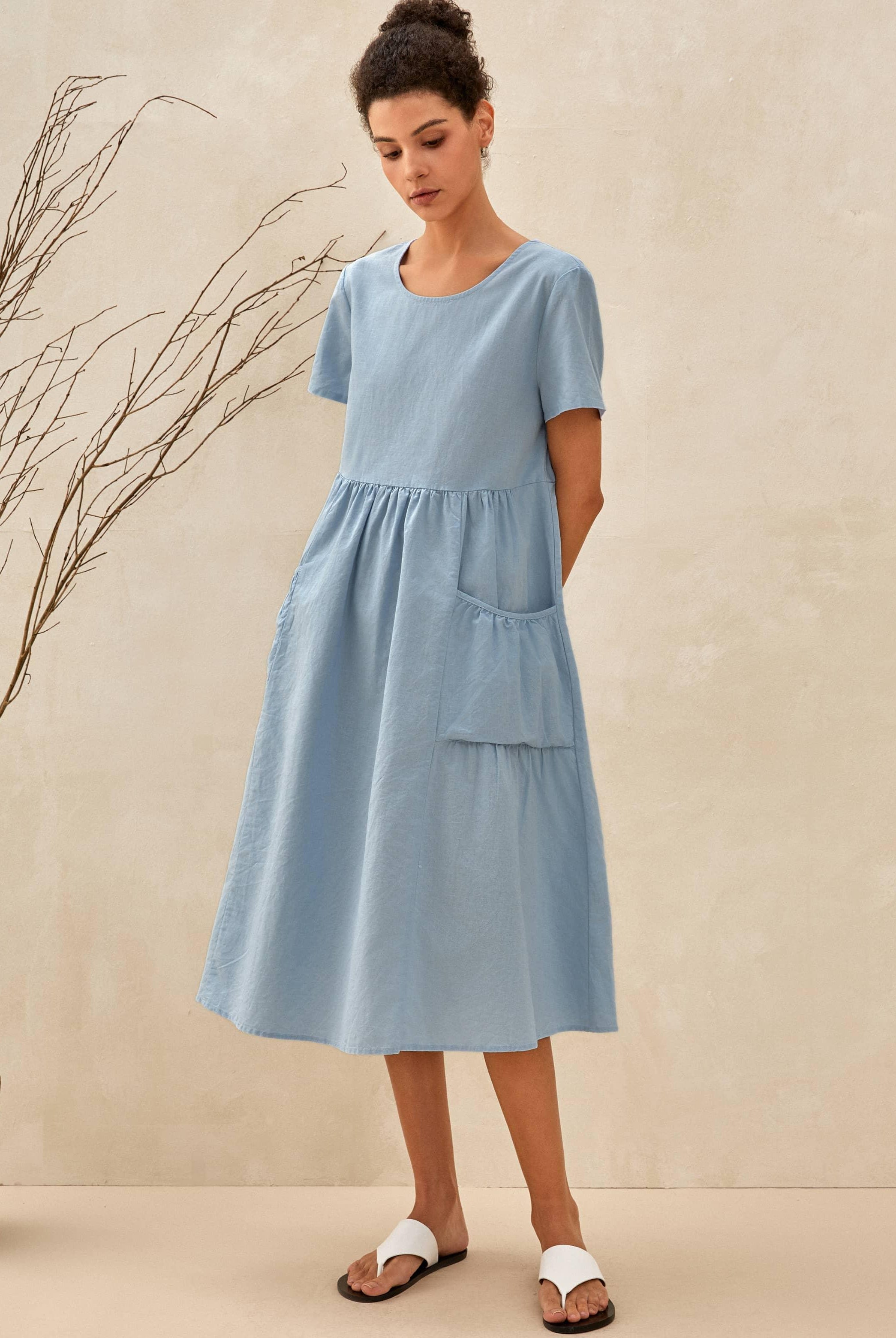 Linen Patch Pocket Loose Hem Resort Dress FRANKIE - DRESSES-Linen Midi