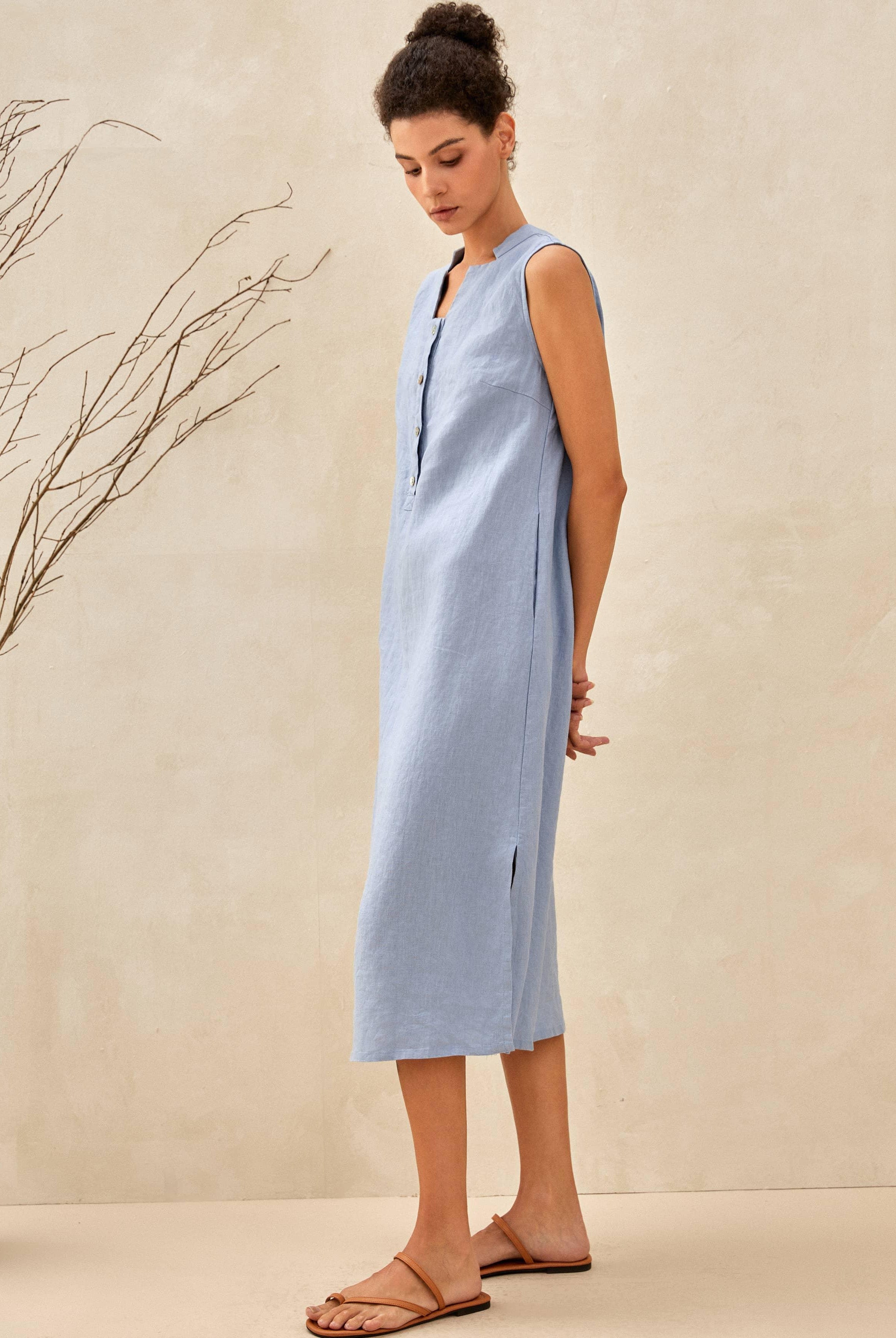 100% Linen Sleeveless Straight High Slit Maxi Dress TAYLOR - DRESSES-Linen Midi