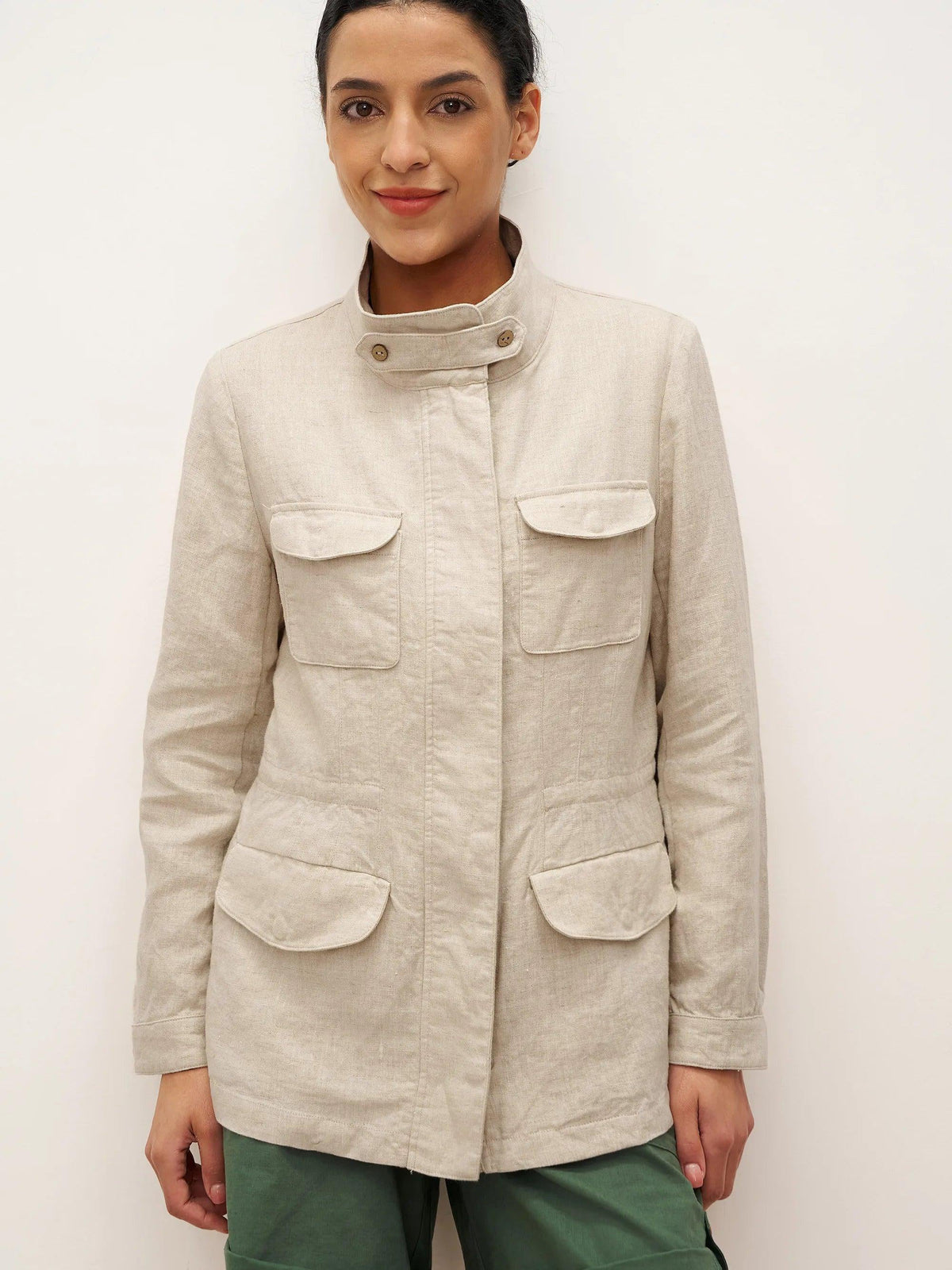 100% Linen Convertible Collar Jacket EVELINA - TOPS-Linen Jackets