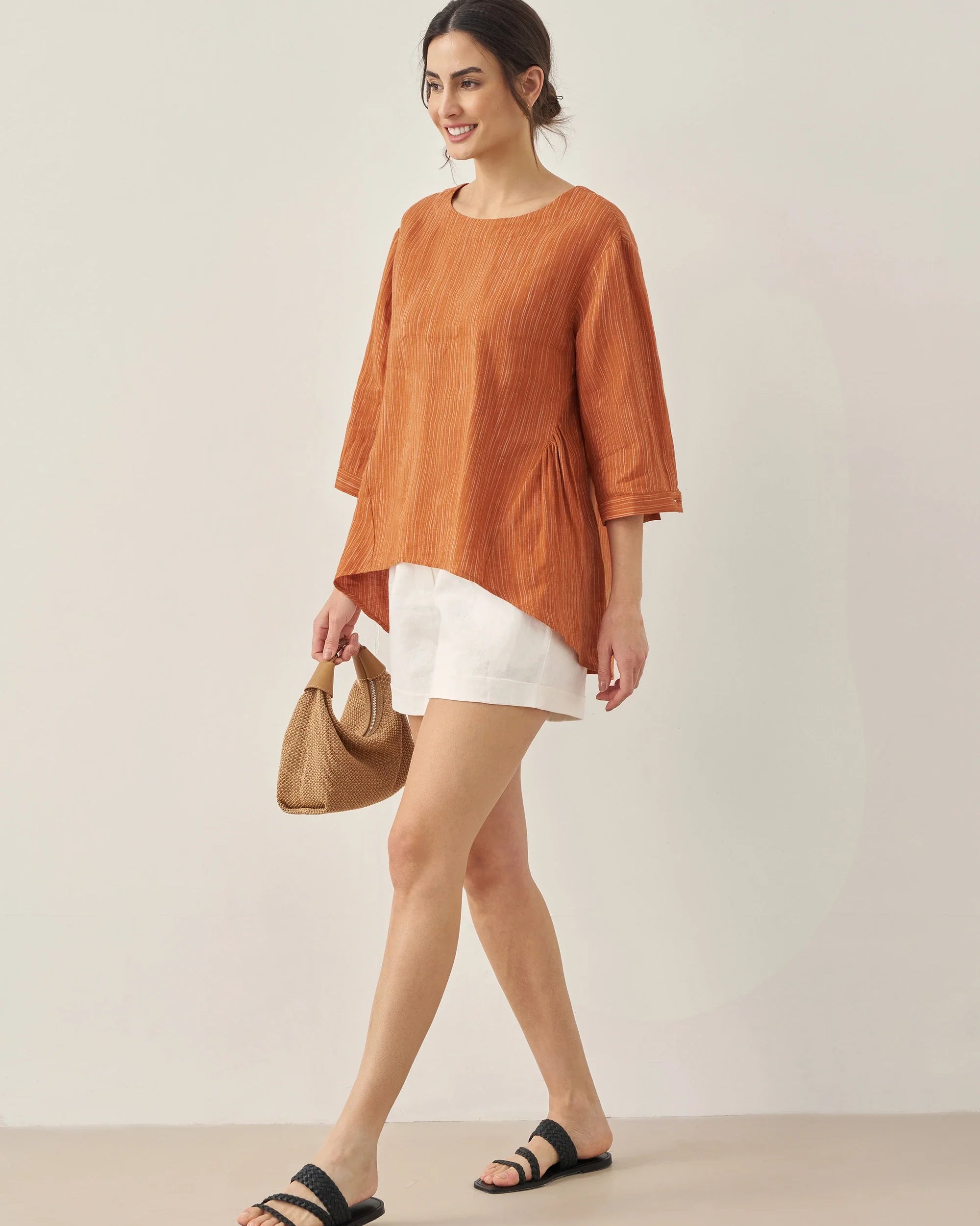100% Linen Round Neck Artistic Stripe Top - TOPS-Linen Blouses