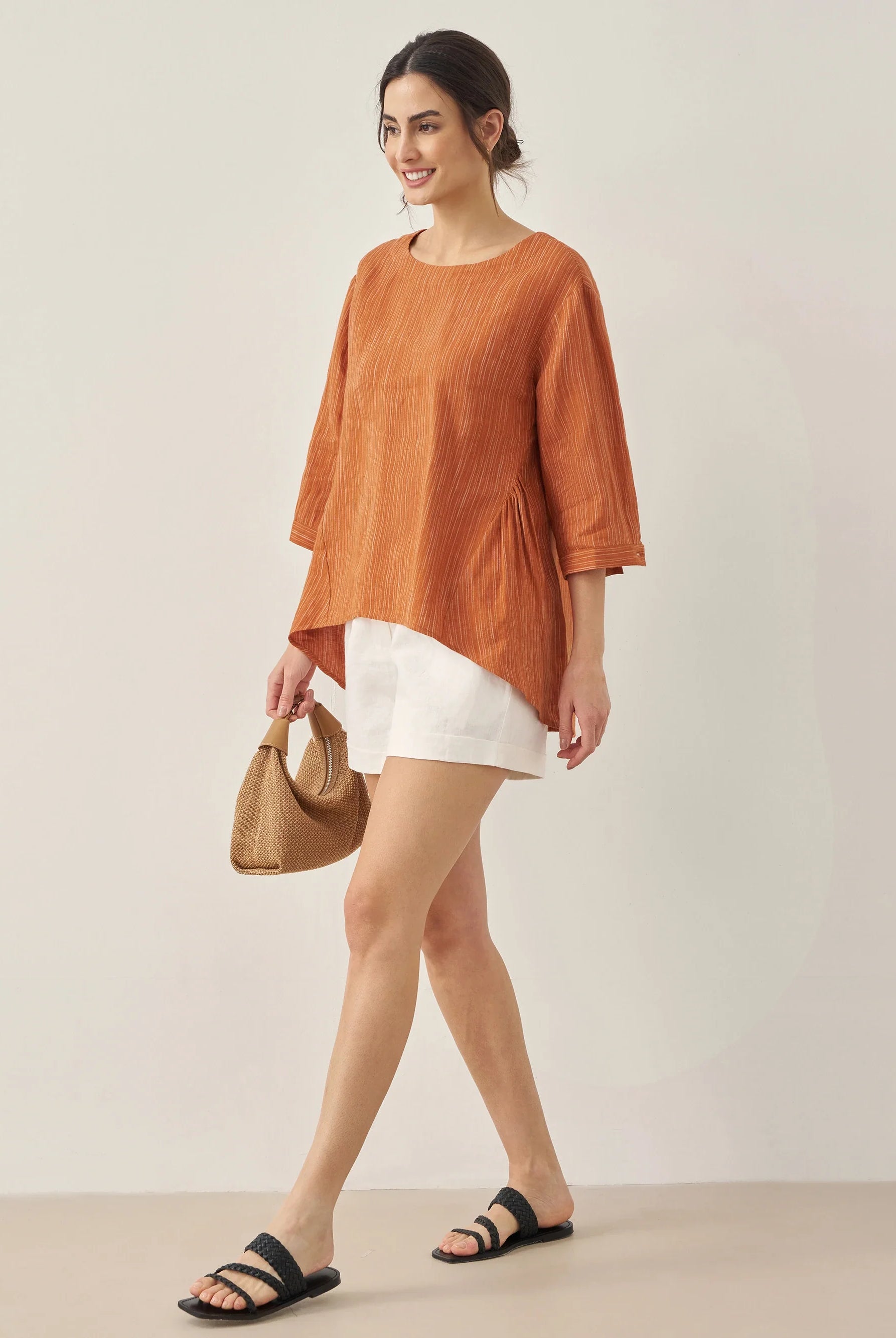 100% Linen Round Neck Artistic Stripe Top - TOPS-Linen Blouses