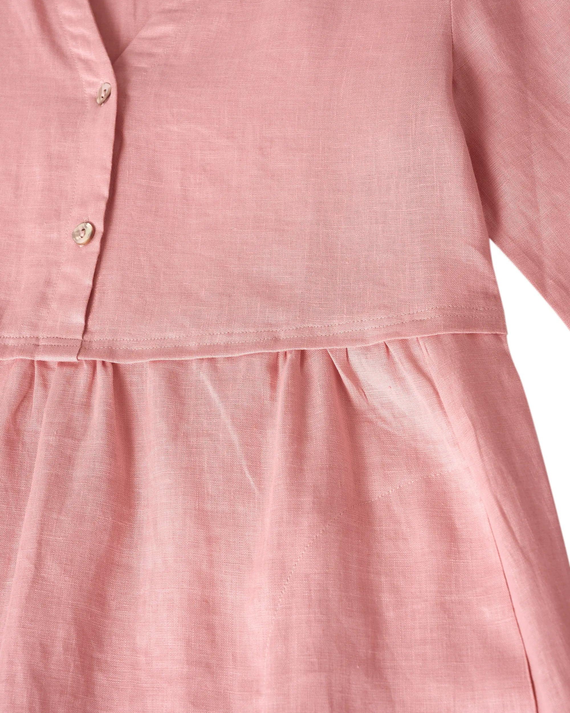 100% Linen Loose Fit Button Waist Gathered Maxi Dress LUNA - DRESSES-Linen