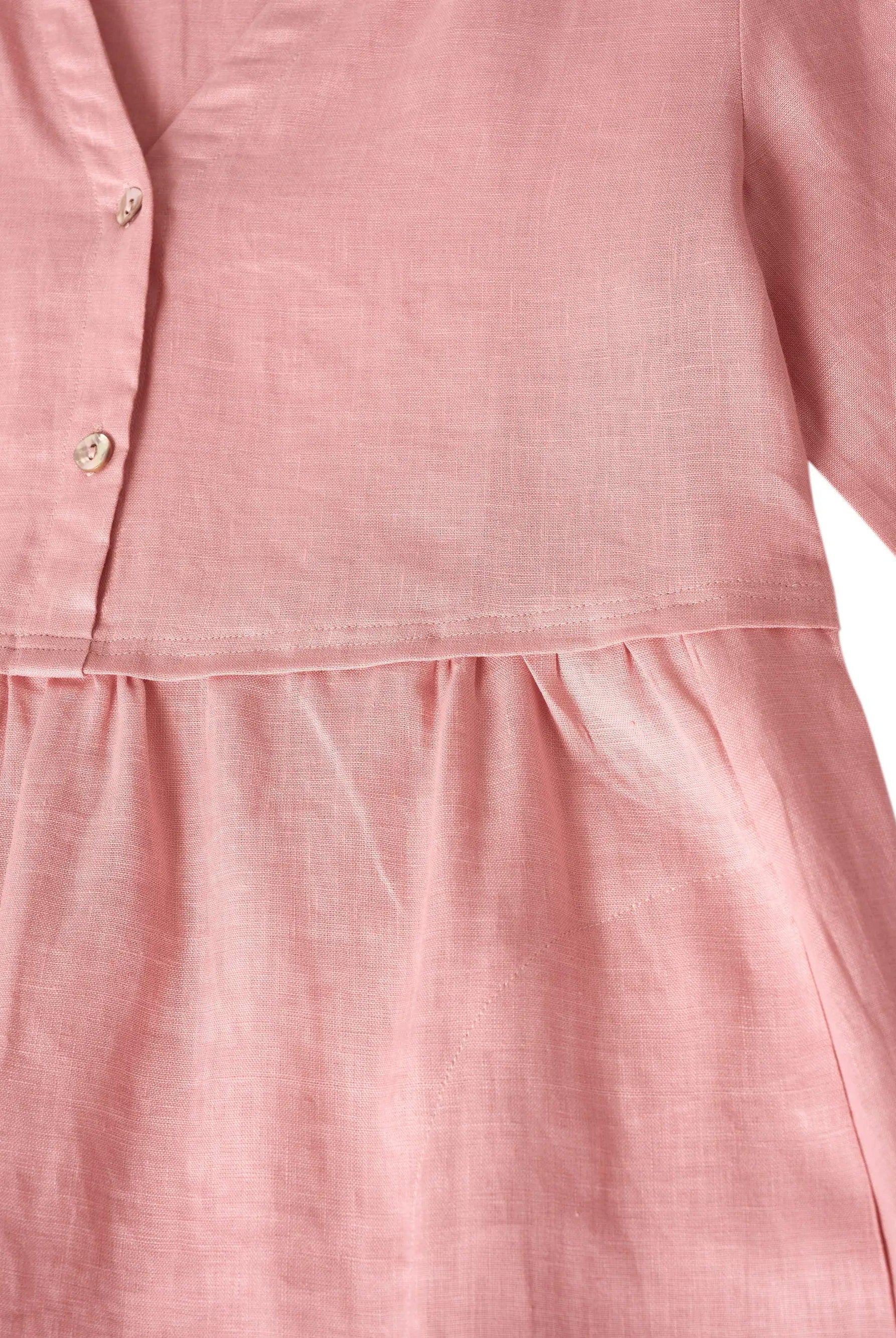 100% Linen Loose Fit Button Waist Gathered Maxi Dress LUNA - DRESSES-Linen