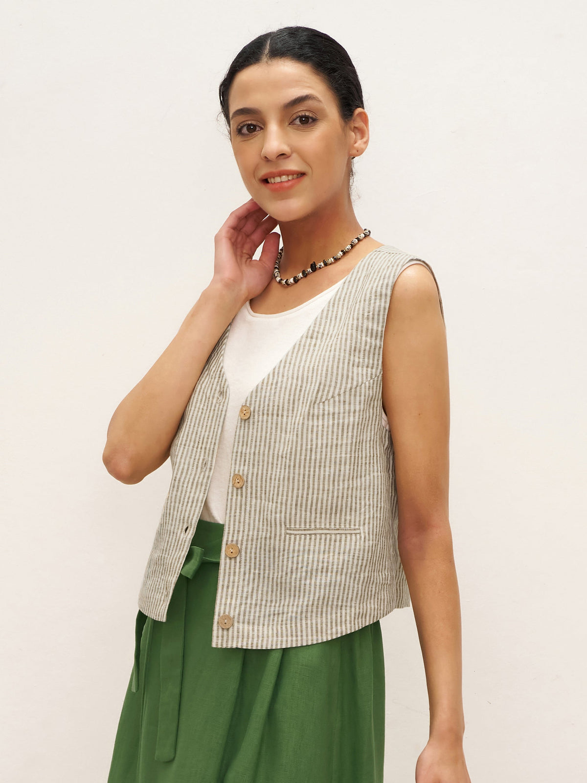 Gilet LULU 100% lin rayé à col V profond - Hauts - gilets en lin