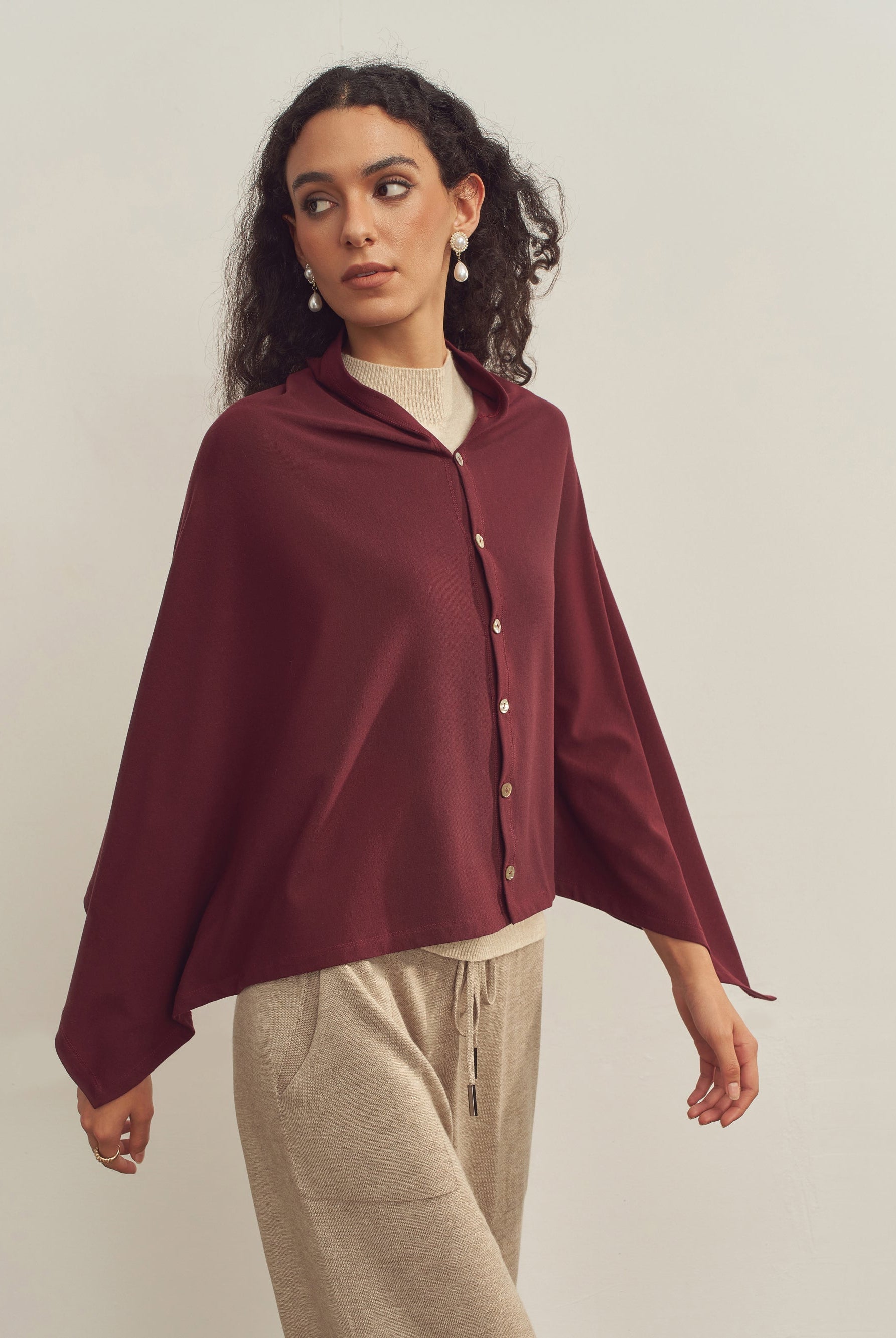 Merino Wool Multi-Cape With Button Scarf Shawl Stole Muffler Poncho