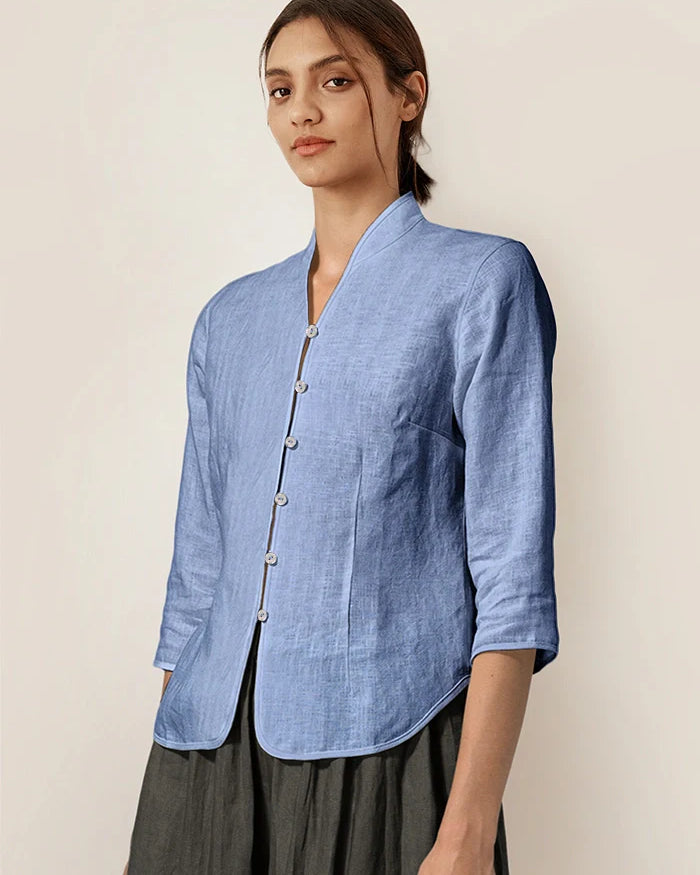 100% Linen Hand Button Fitted Jacket AMELIA - TOPS-Linen Jackets