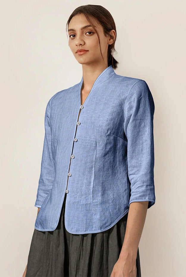 100% Linen Hand Button Fitted Jacket AMELIA - TOPS-Linen Jackets