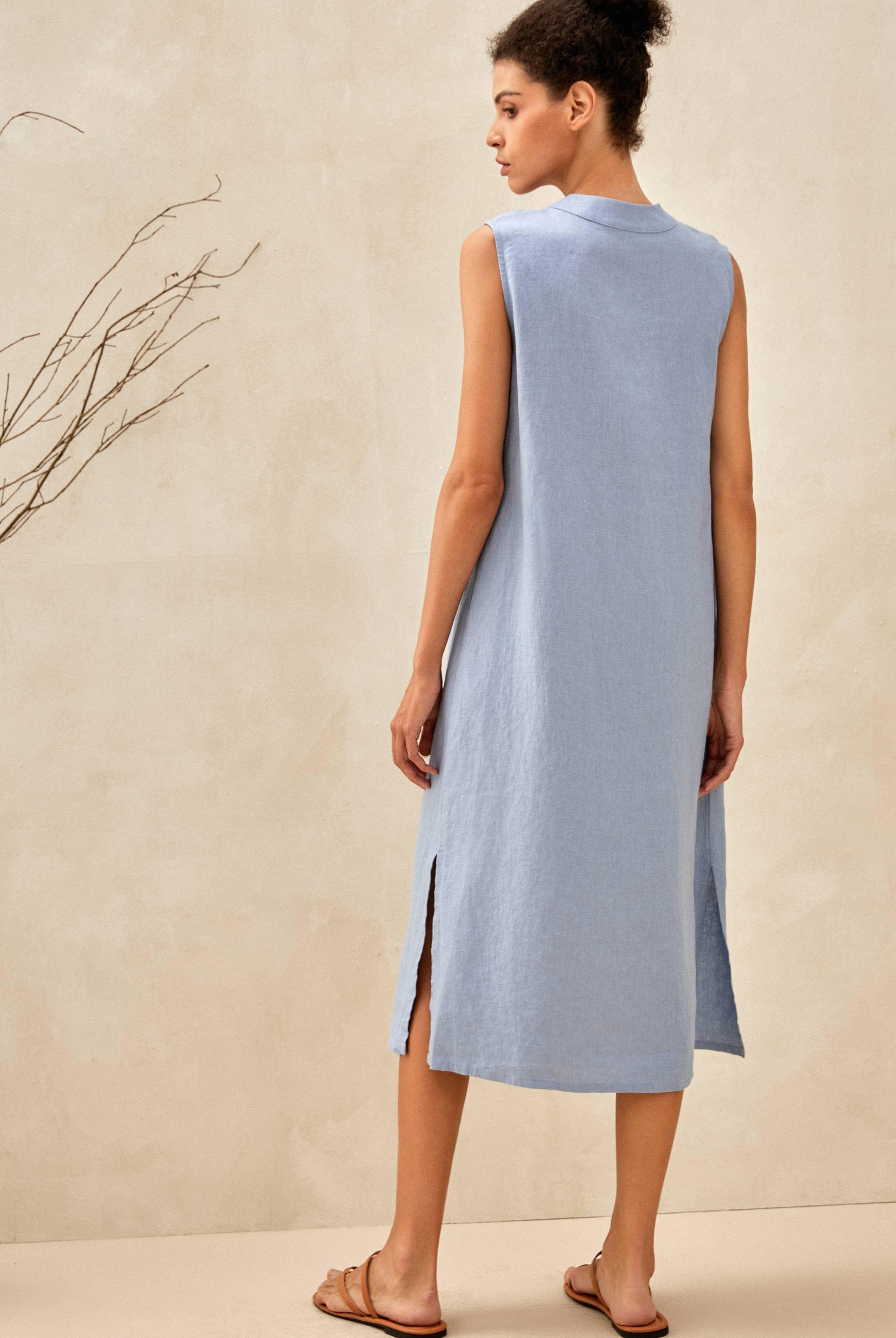 100% Linen Sleeveless Straight High Slit Maxi Dress TAYLOR - DRESSES-Linen Midi