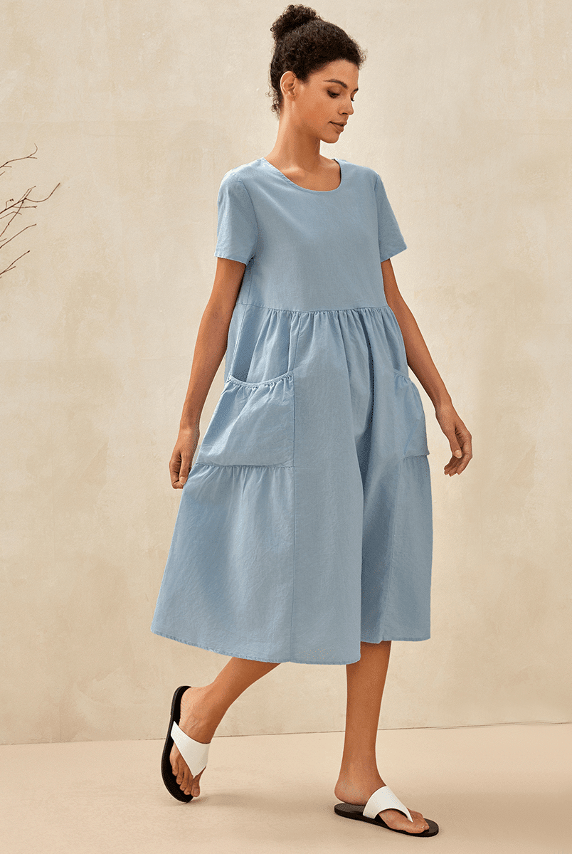 Linen Patch Pocket Loose Hem Resort Dress FRANKIE - DRESSES-Linen Midi