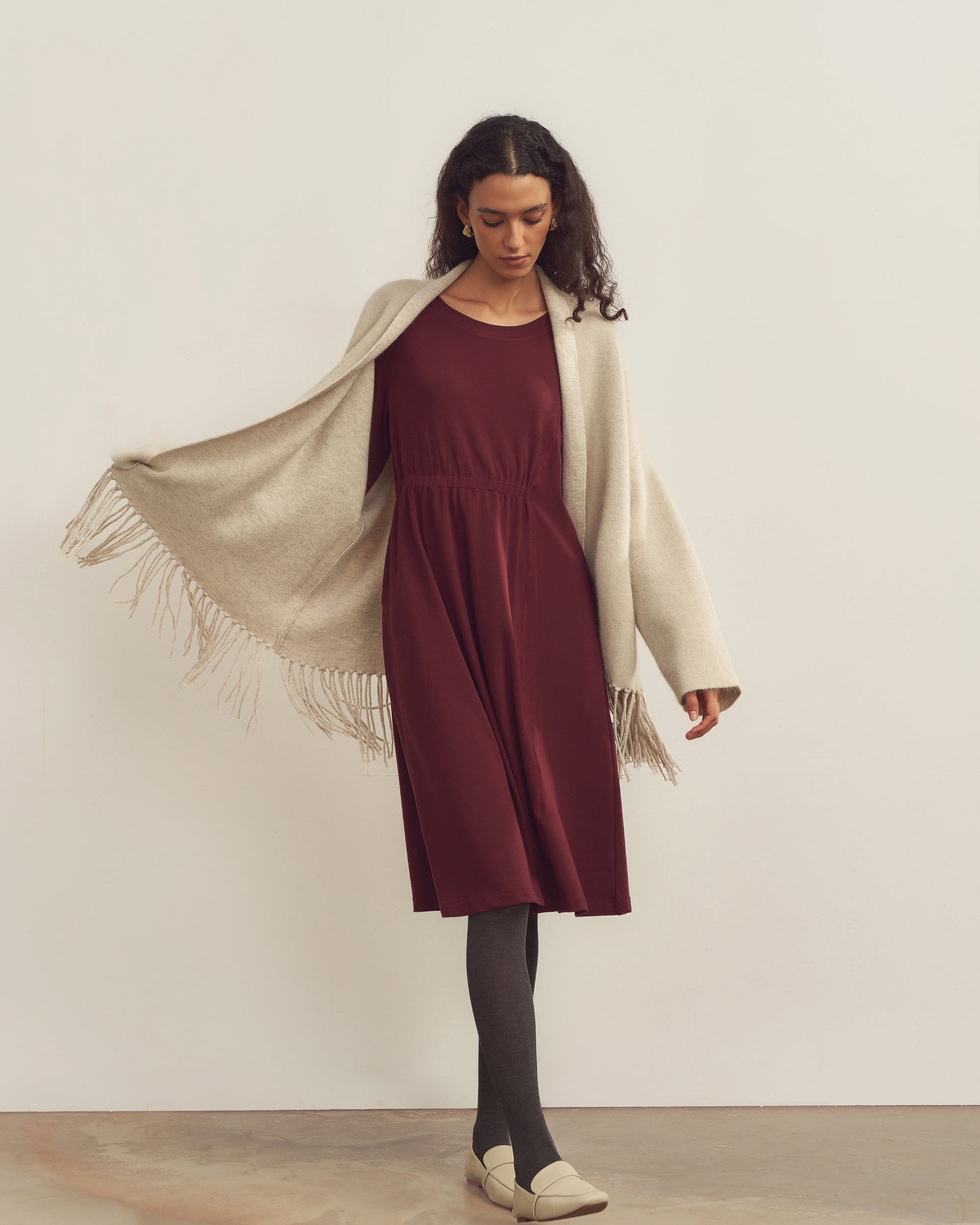 Merino Wool Waist Shirring-Detail Dress