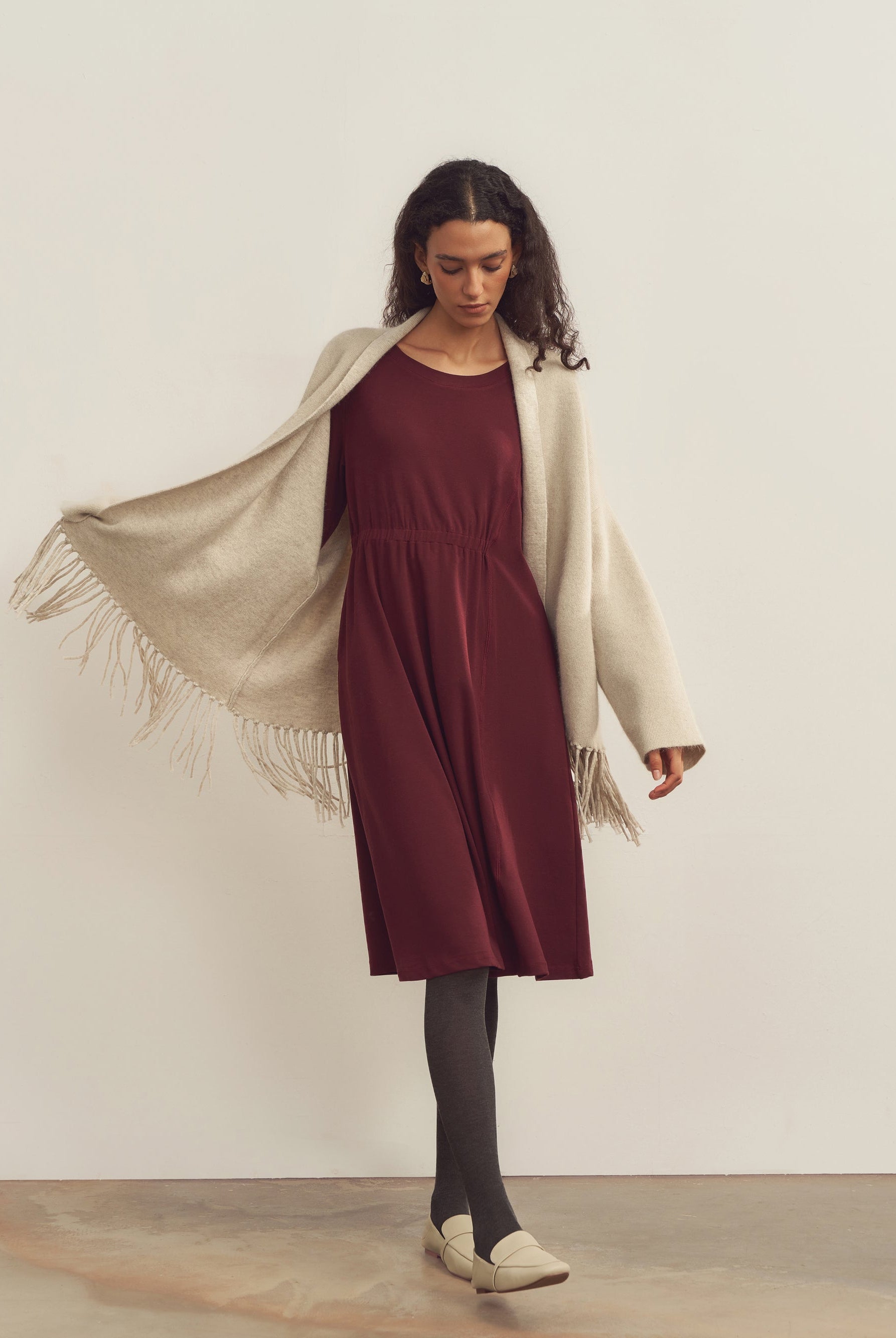 Merino Wool Waist Shirring-Detail Dress