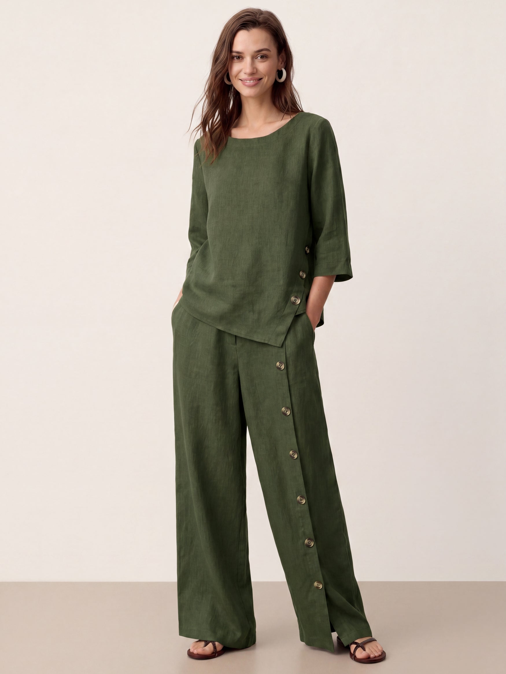 100% Linen Buttoned Slit-Hem Pants KATYA by LINTICO for women