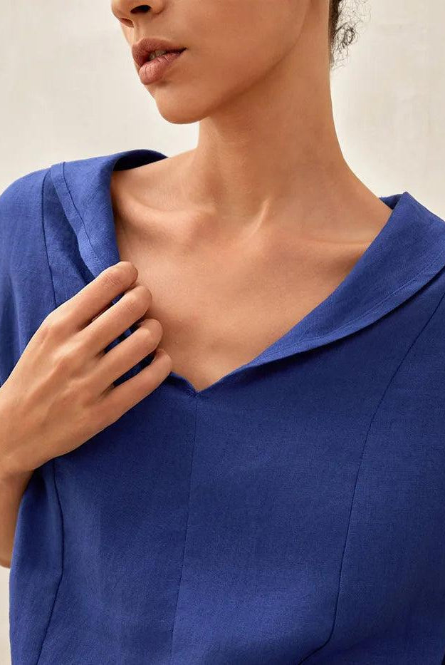 100% Linen V-Neck Short Sleeve Shirt SIERRA - TOPS-Linen Blouses