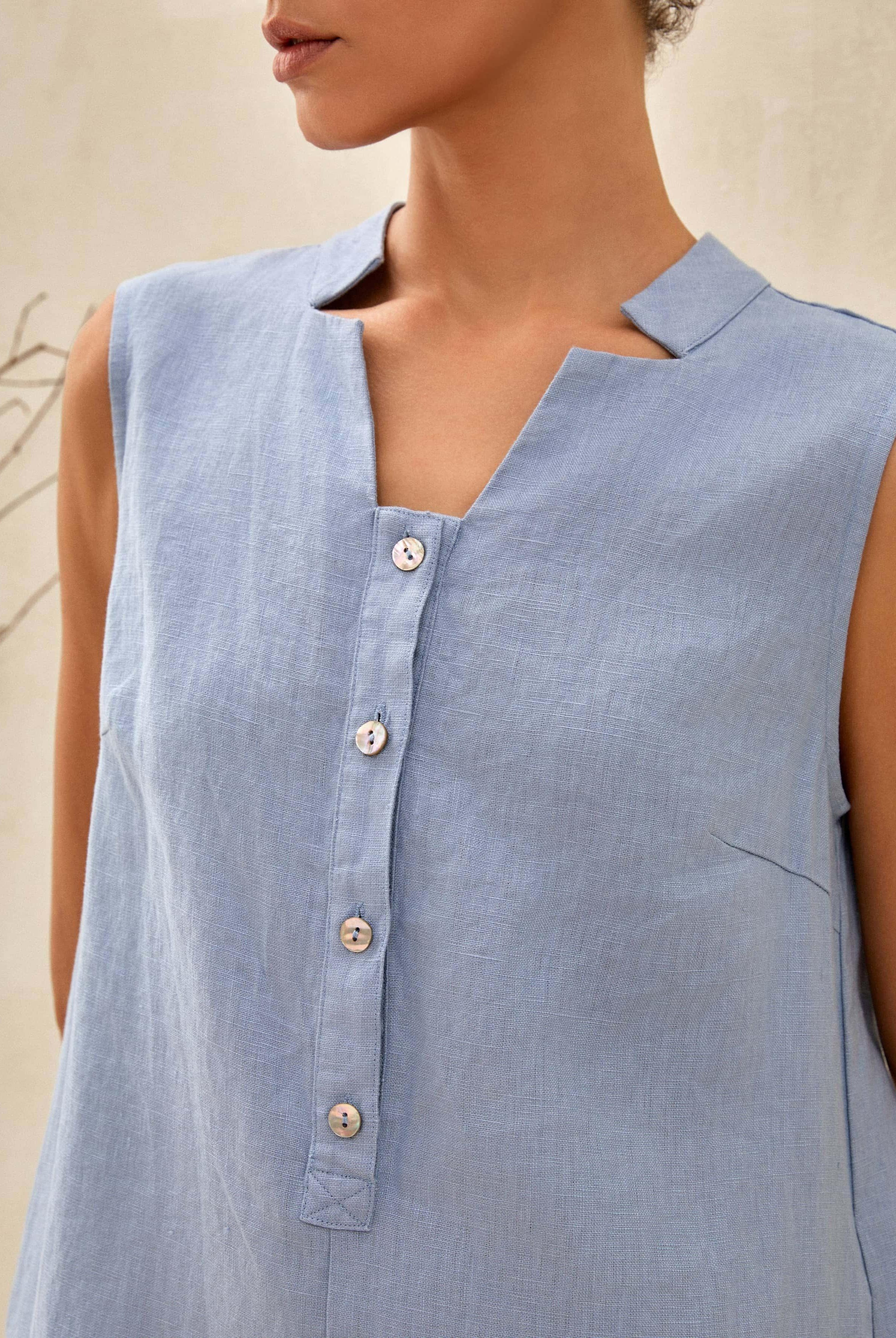 100% Linen Sleeveless Straight High Slit Maxi Dress TAYLOR - DRESSES-Linen Midi